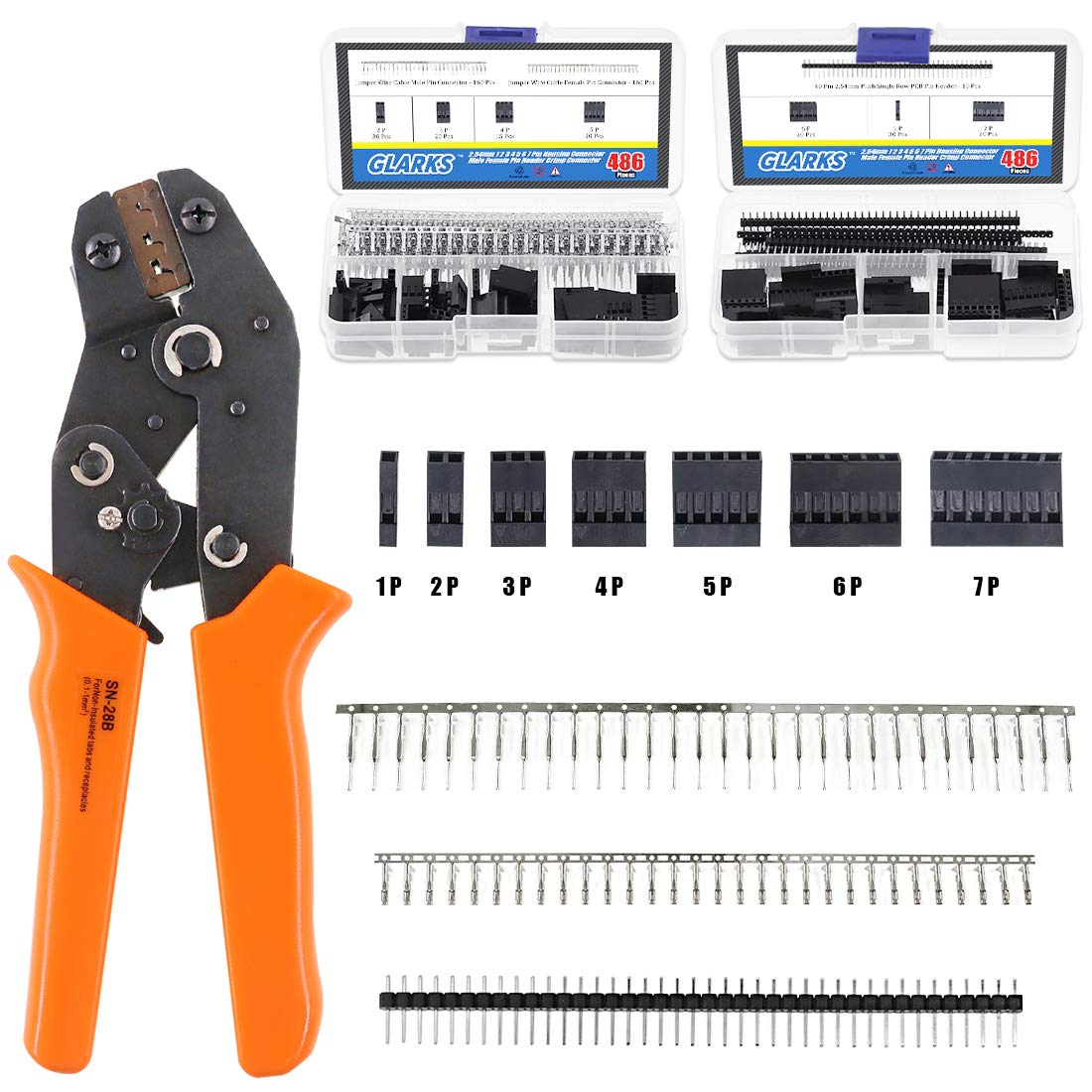 Glarks486Pcs Wire Crimper Plier with Connector Set, SN-28B Ratchet Crimping Tool with 485Pcs 2.54mm 1 2 3 4 5 6 7 Pin Housing Connector Male Female Pin Header Crimp Connector for AWG28-18 Dupont Pins