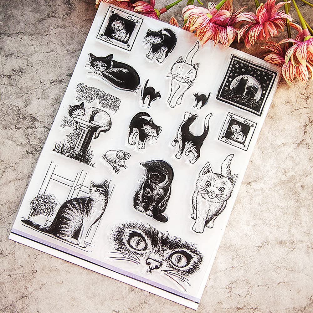 Cats Clear Stamps Silicone Stamp Cards with Sentiments, Cat Animal Transparent Seal Stamps for Holiday Card Making Decoration and DIY Scrapbooking Album DIY Crafts