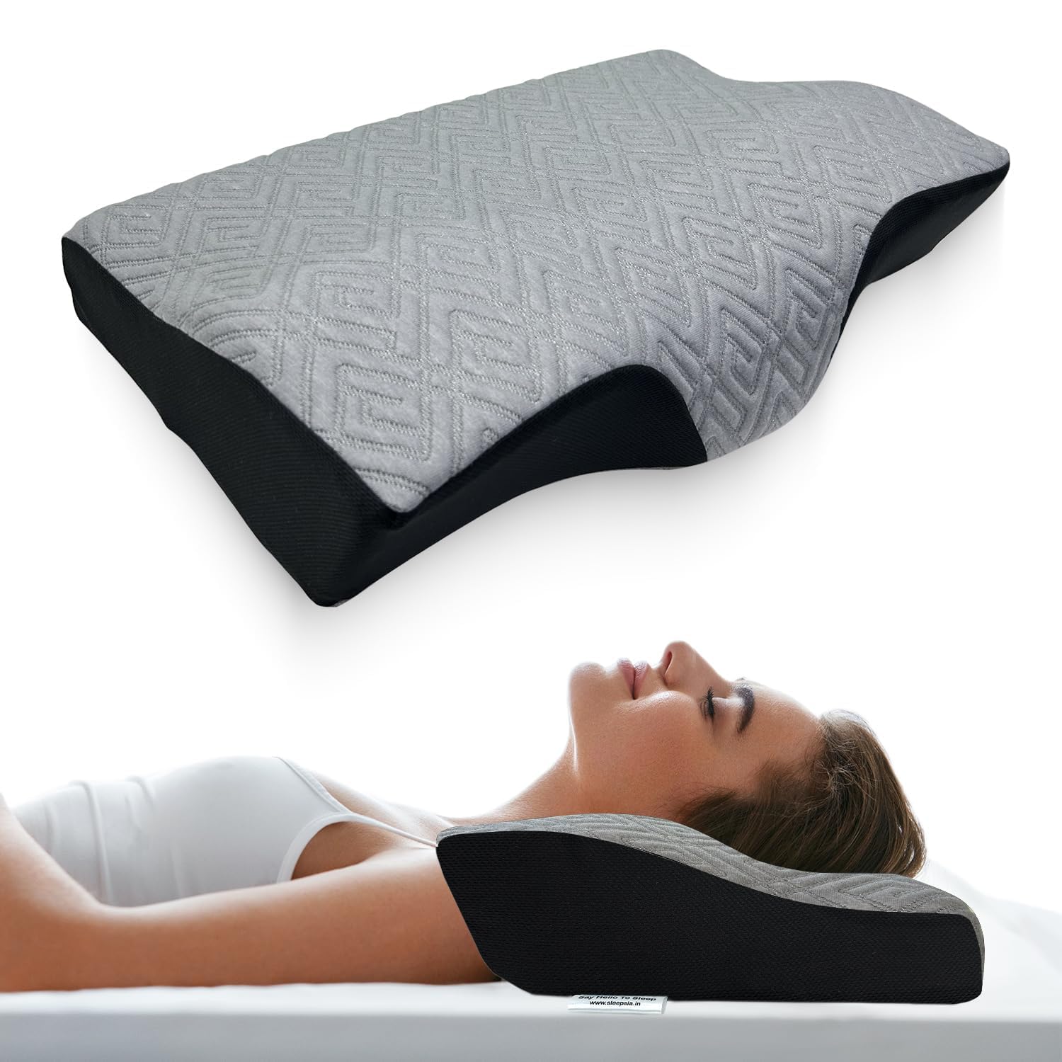 Sleepsia Orthopedic Memory Foam Contour Cervical Pillow for Neck & Shoulder Pain, Extra Curve Neck Support Pillow for Sleeping Side & Back Sleepers, Diwali Gifts for Family & Friends (Grey/Black)