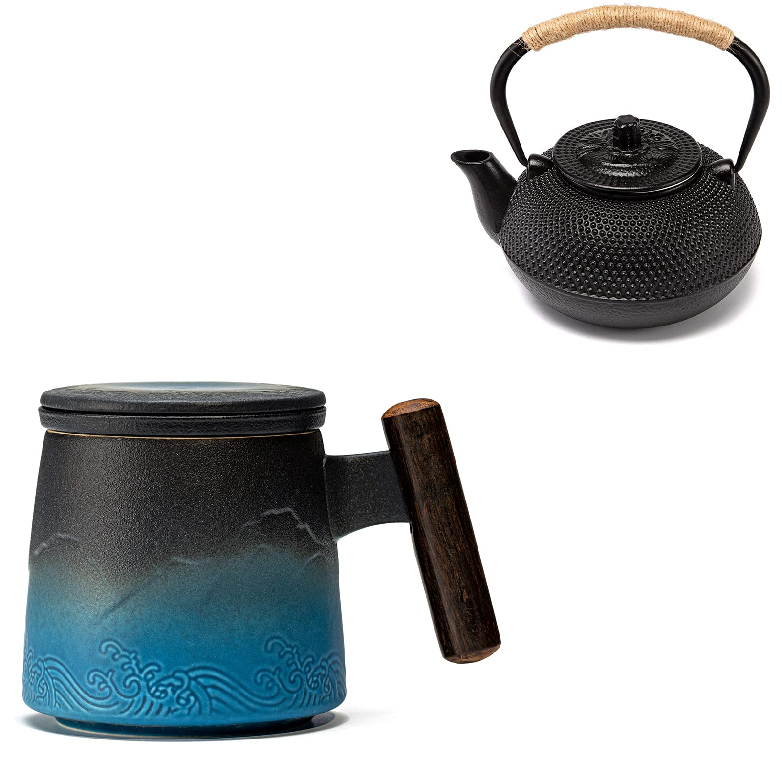 suyika Ceramic Tea Cup with Infuser and Lid Tea Mugs Wooden Handle for Steeping Loose Leaf Tea 400ml, 13.5 oz, Gradient Navy Blue & Black