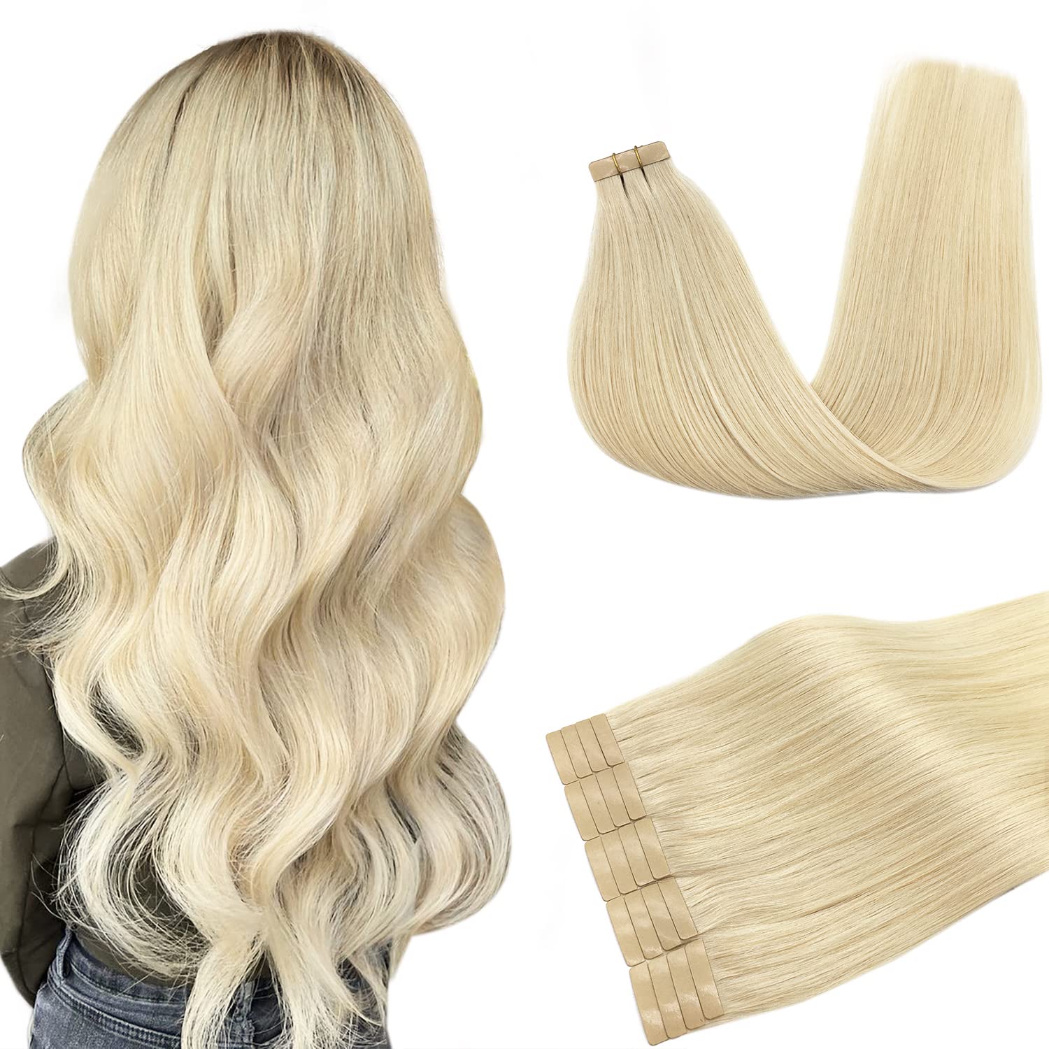 DOORES Tape in Human Hair Extensions Bleach Blonde 22 Inch 50g 20pcs Remy Hair Extensions Tape in Real Hair Skin Weft Straight Hair Extensions