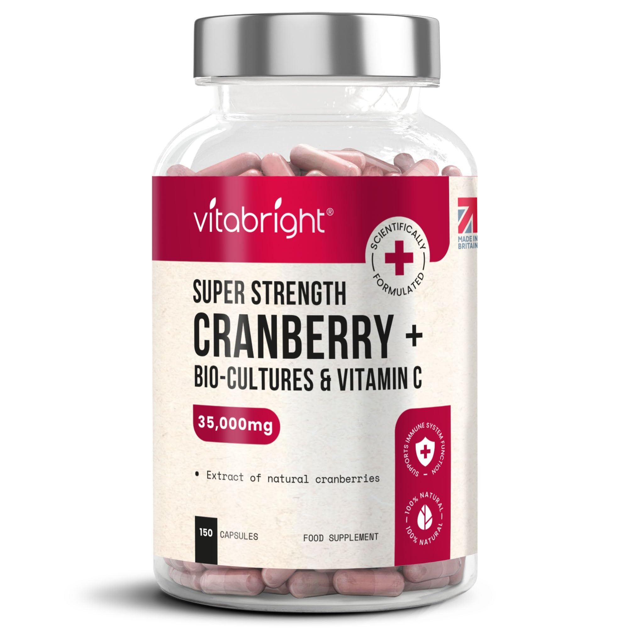 Cranberry Capsules with Vitamin C and Probiotics for Women, Naturally Containing D Mannose, 75 Days UTI Relief, D-mannose & Cranberry Tablets for Urinary Tract, VitaBright UTI Pills