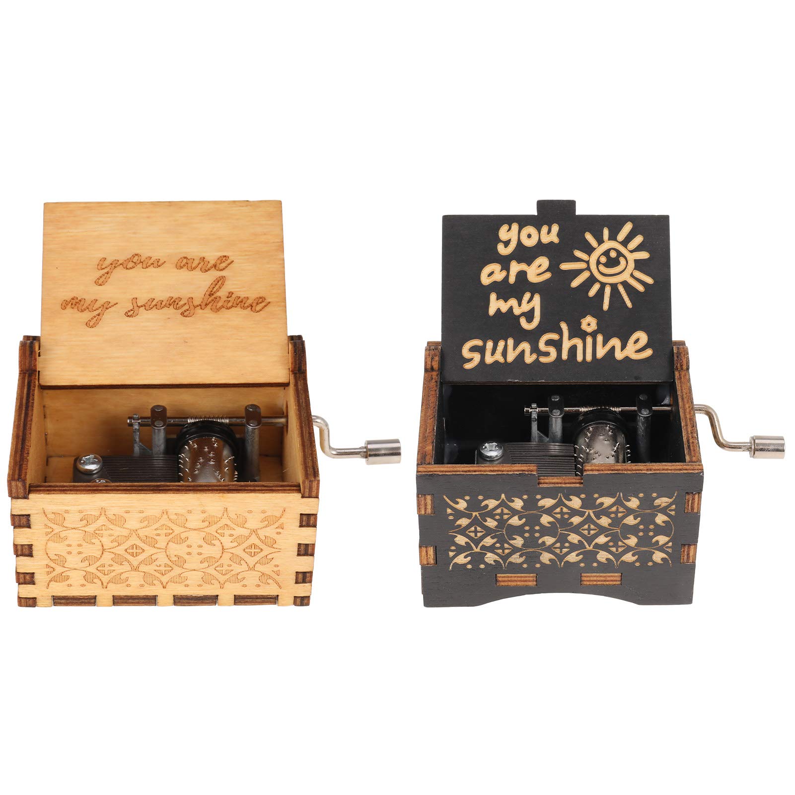 Skisneostype 2 Pieces Music Boxes Wooden Hand Crank Music Box You are My Sunshine Musical Box Antique Carved Musical Box for Birthday Home Decoration Crafts