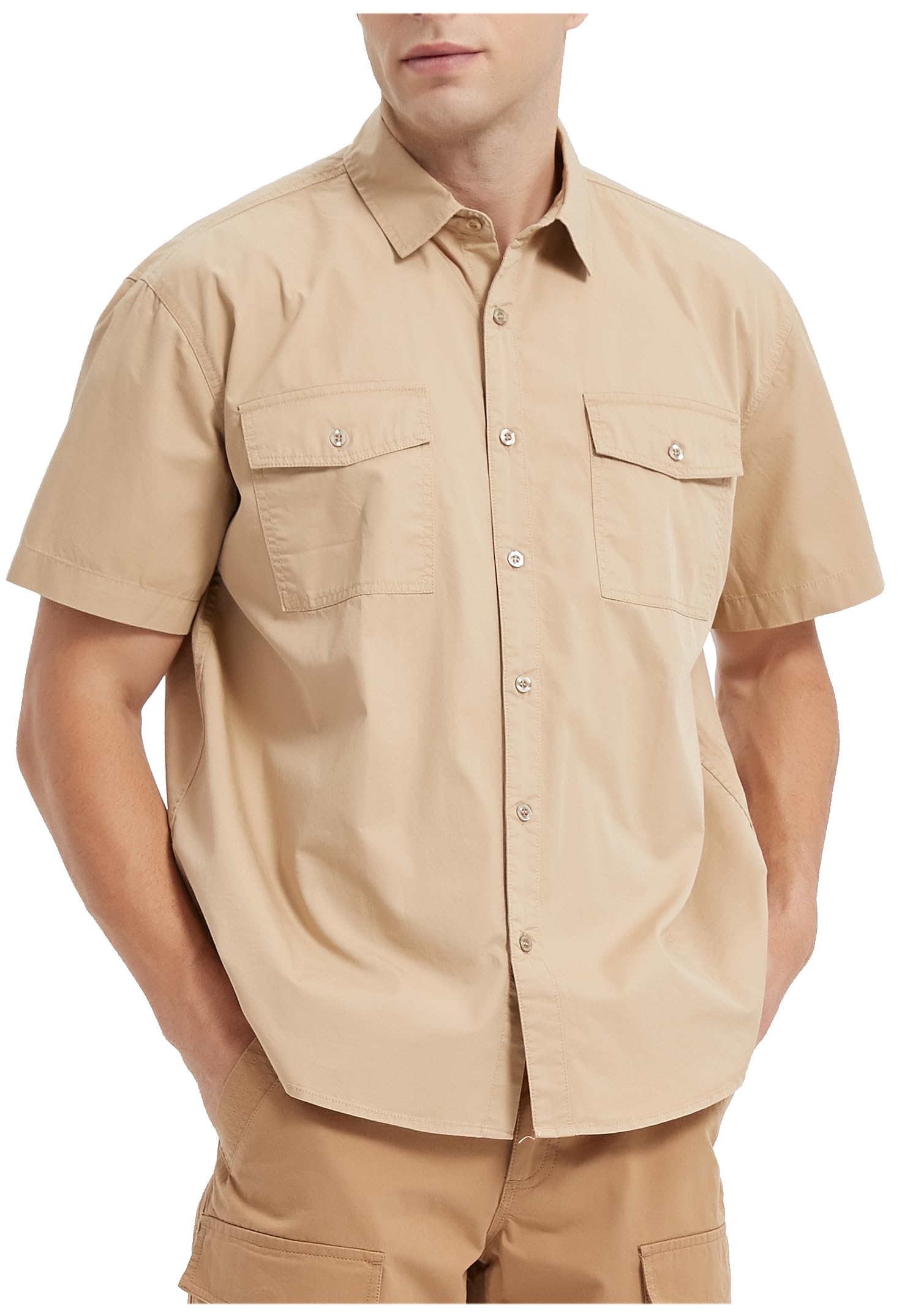 TronjoriMen's Short Sleeve Button Down Casual Woven Shirt Two Chest Pockets