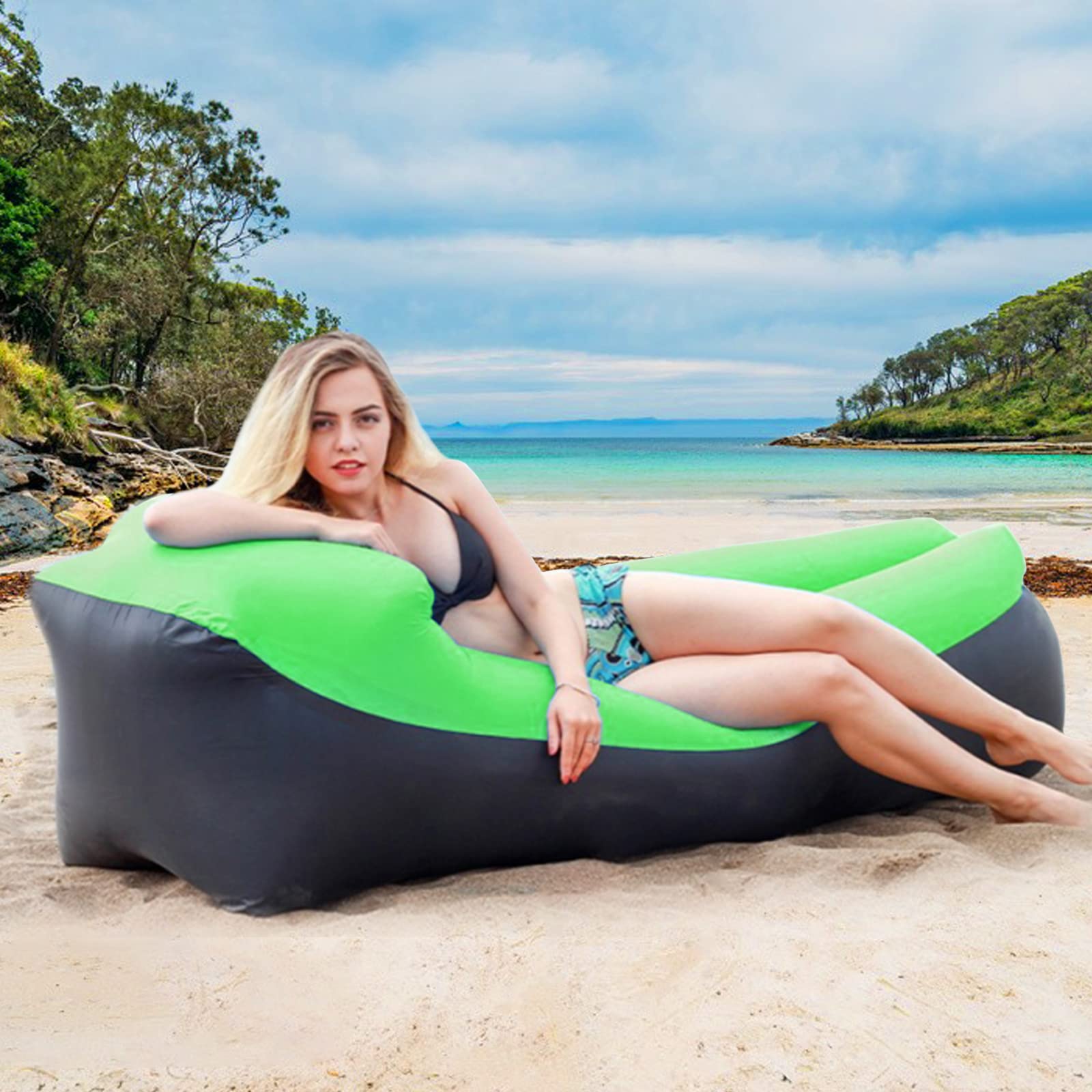 QENETY Headrest Design Inflatable Lounger Air Sofa, Air Chair with Portable Bag, Camping Sofa Inflatable Sofa Lounger for Backyard Pool Beach Camping (Green)