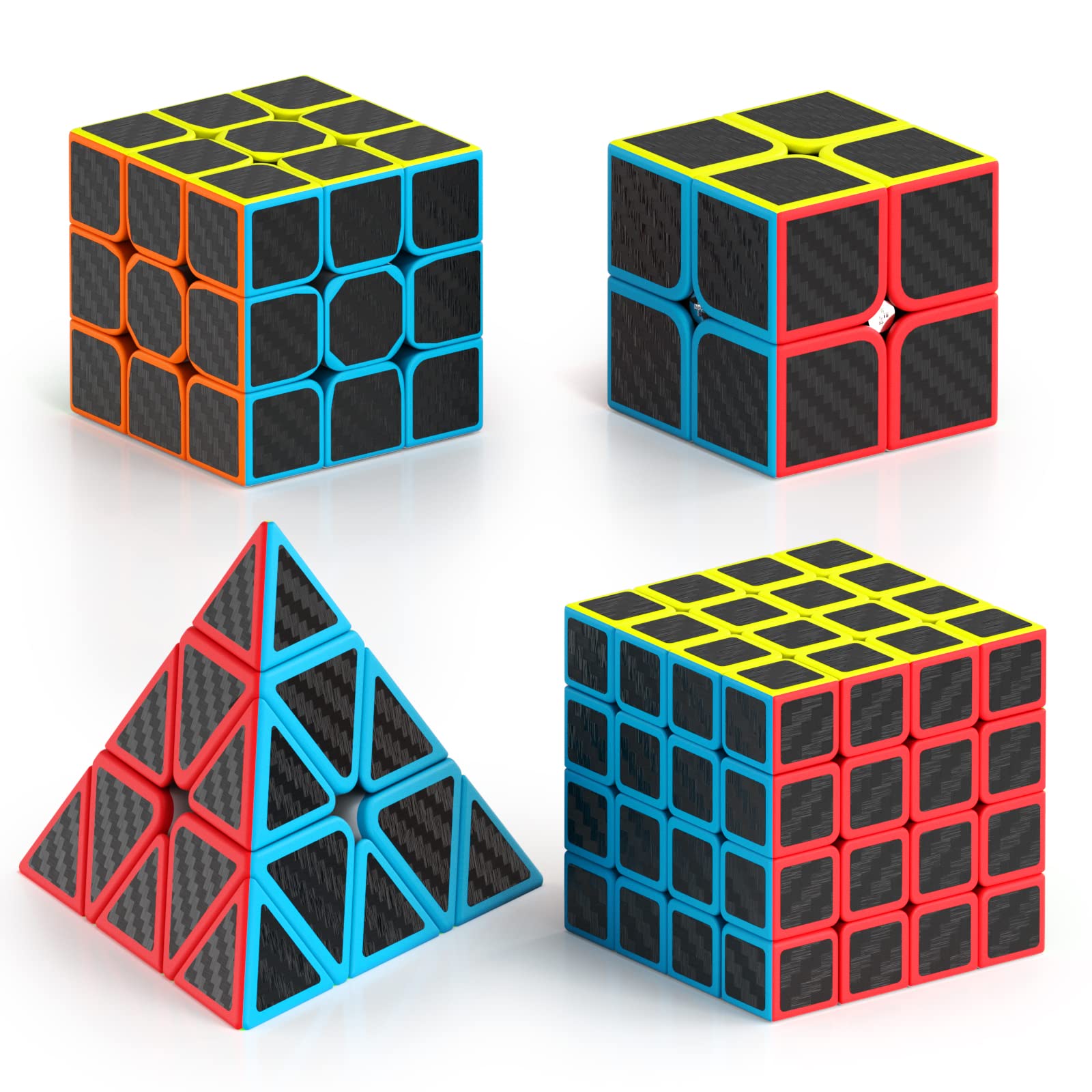 Vdealen Speed Cube Set, Puzzle Cube Bundle of 2x2x2 3x3x3 4x4x4 Pyramid Magic Cube Set, Birthday Party Christmas Stocking Stuffers Gift for Kids Teens Adults(Carbon Fiber Sticker)