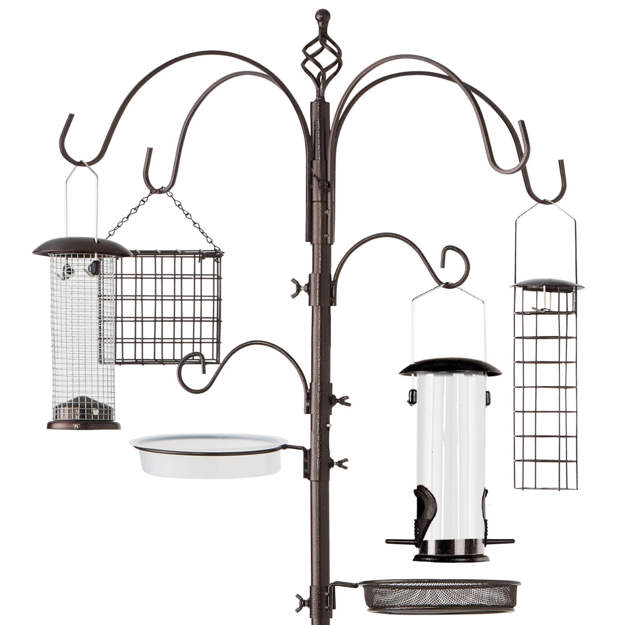 Best Choice Products6-Hook Bird Feeding Station, Steel Multi-Feeder Kit Stand for Attracting Wild Birds w/ 4 Bird Feeders, Mesh Tray, Bird Bath, 5-Prong Base - Bronze