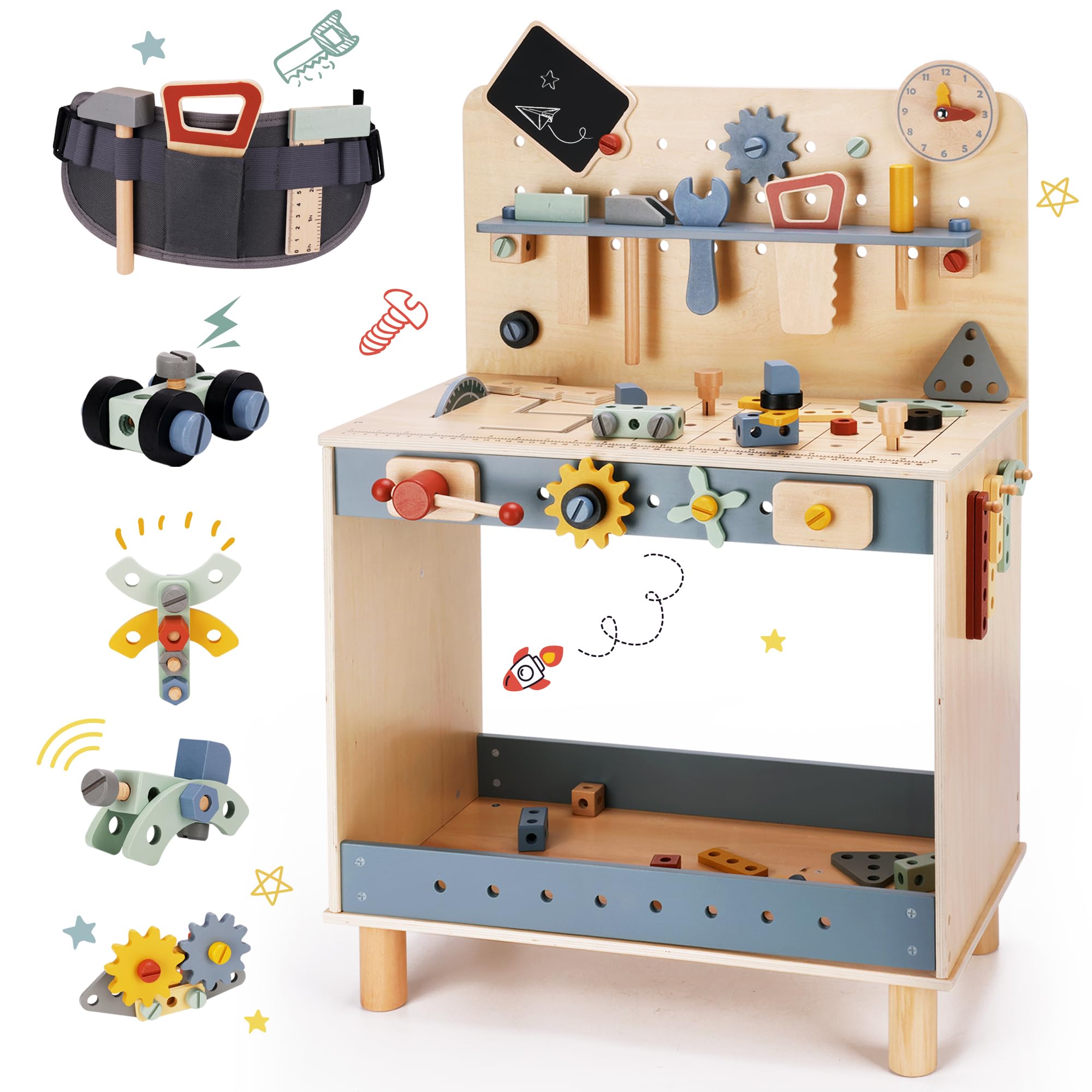 Deluxe Wooden Toy Workbench for Kids, 69 Pieces Tool Playset with Play Tools Set, Storage Space, Tool Bench, and Educational Gift for Girls & Boys Toddlers 3+