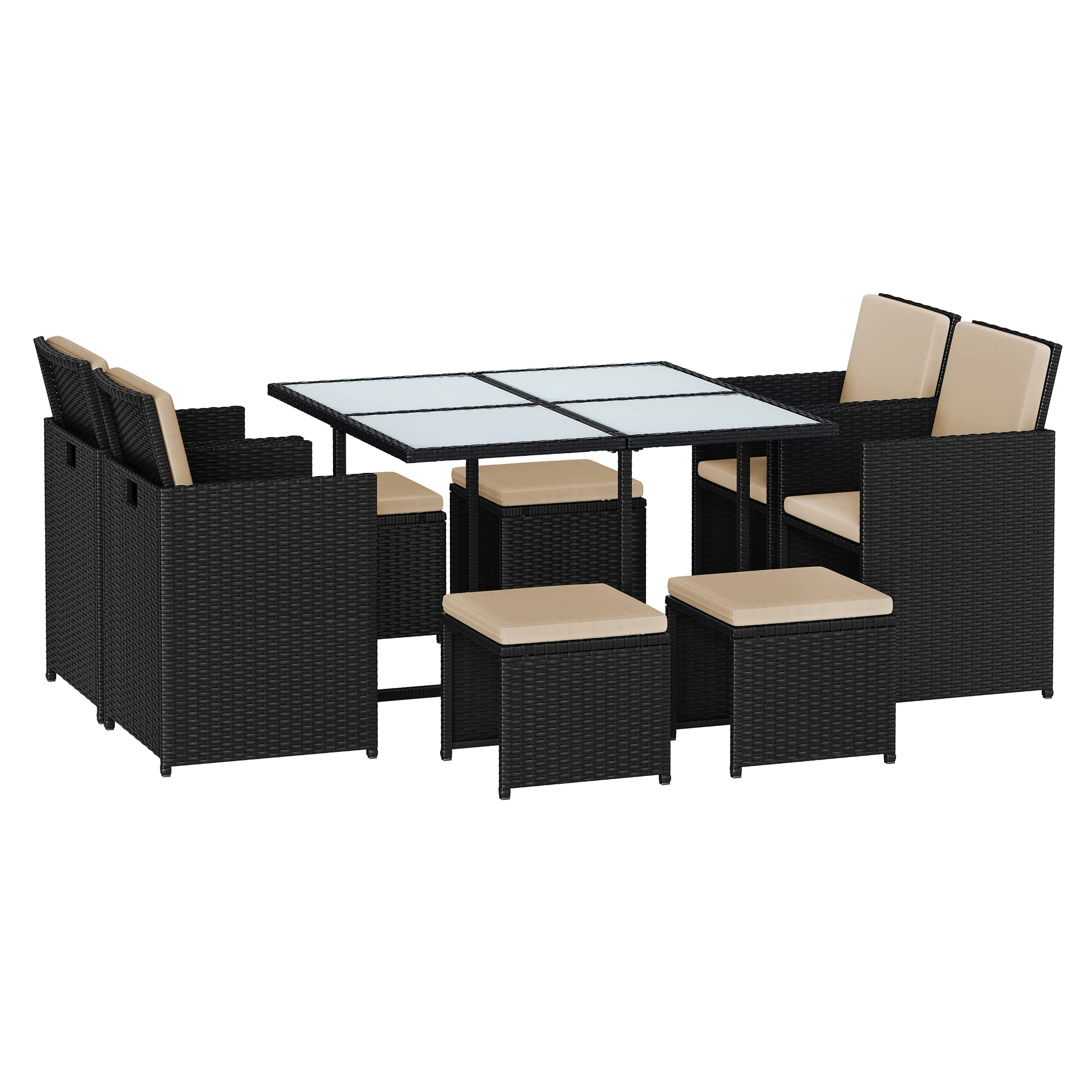 SONGMICS Garden Furniture Set Dining Table and Chairs, Set of 9 PE Rattan Outdoor Patio Furniture, Dining Furniture, Glass Top Coffee Table, with Cushions, Space-Saving, Black and Beige GGF091B02