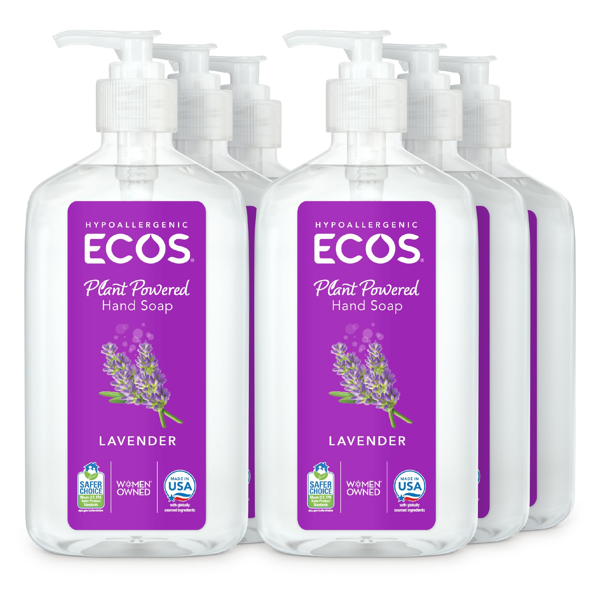 ECOSHypoallergenic Hand Soap - All Natural pH-Balanced Handwash Soap with Vitamin E - Safe for Sensitive Skin - Lavender - 17 Oz Bottle (6 pack)