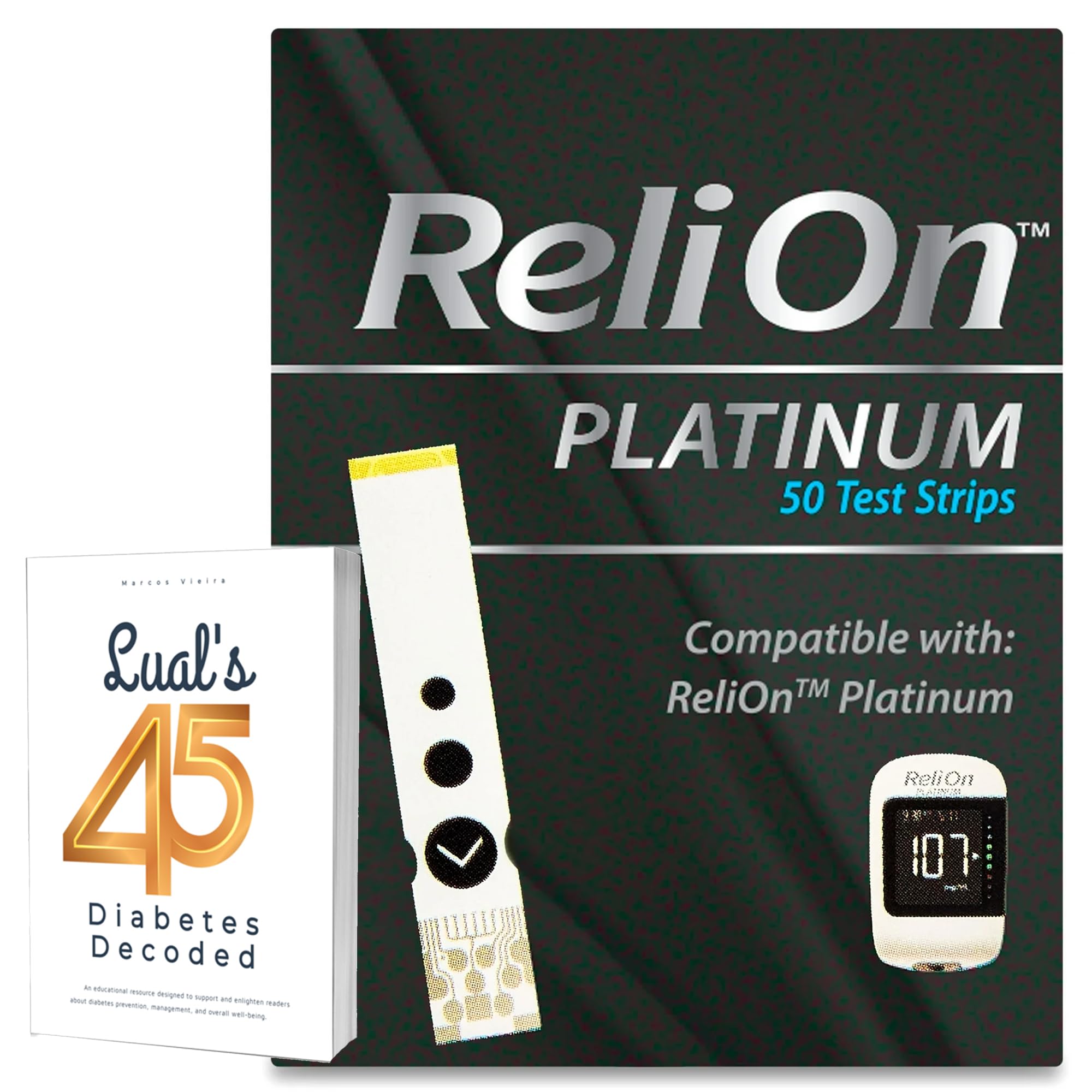 ReliOn Platinum Blood Glucose Test Strips | Test Strips for Diabetes | Blood Sugar Test Strips | Diabetic Test Strips | 50 Test Strips Bundle with Lual's 45 Diabetes Decoded