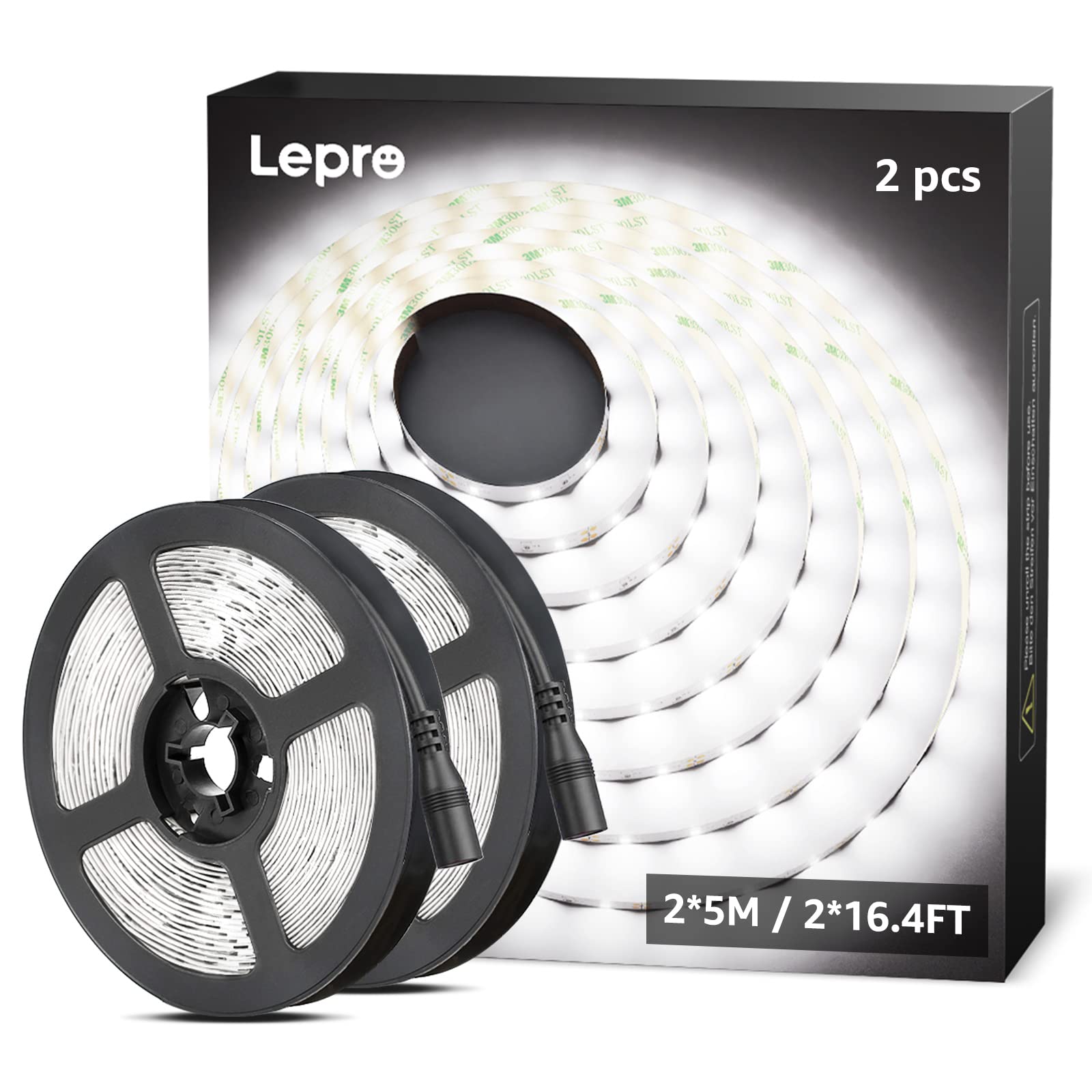 Lepro 12V LED Strip Light, Flexible, SMD 2835, 300 LEDs, 32.8ft Tape Light for Home, Kitchen, Party, Christmas and More, Non-Waterproof, Daylight White, Pack of 2(Not Include Power Adapter)