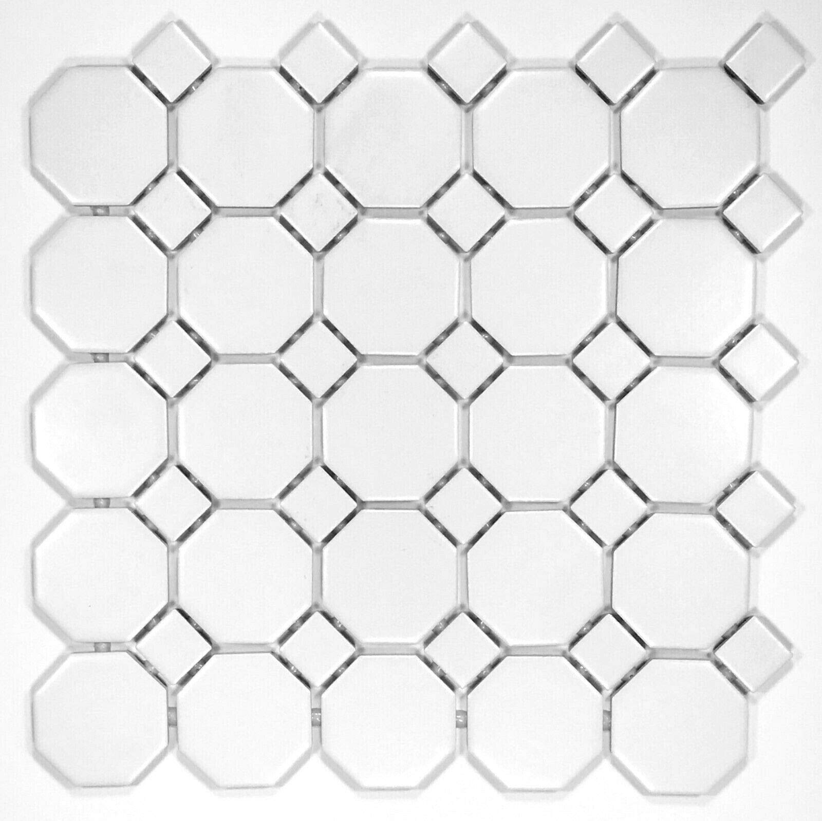 Squarefeet Depot Retro White Octagon Porcelain Floor and Wall Mosaic Tile, 11.5" x 11.5", Matte