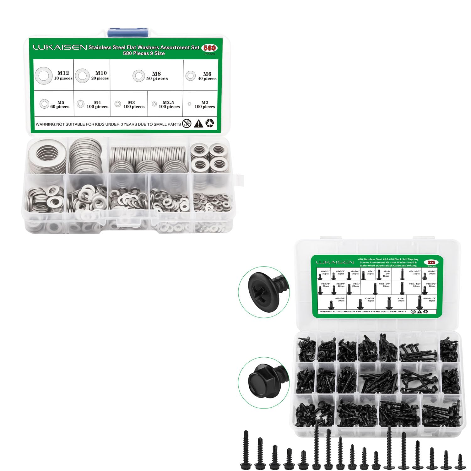 304 Stainless Steel Flat Washers Set 580 Pieces, 9 Sizes - M2 M2.5 M3 M4 M5 M6 M8 M10 M12 and 325Pcs #8#10 Self Tapping Screws Assortment Kit, Black Oxide 410 Stainless