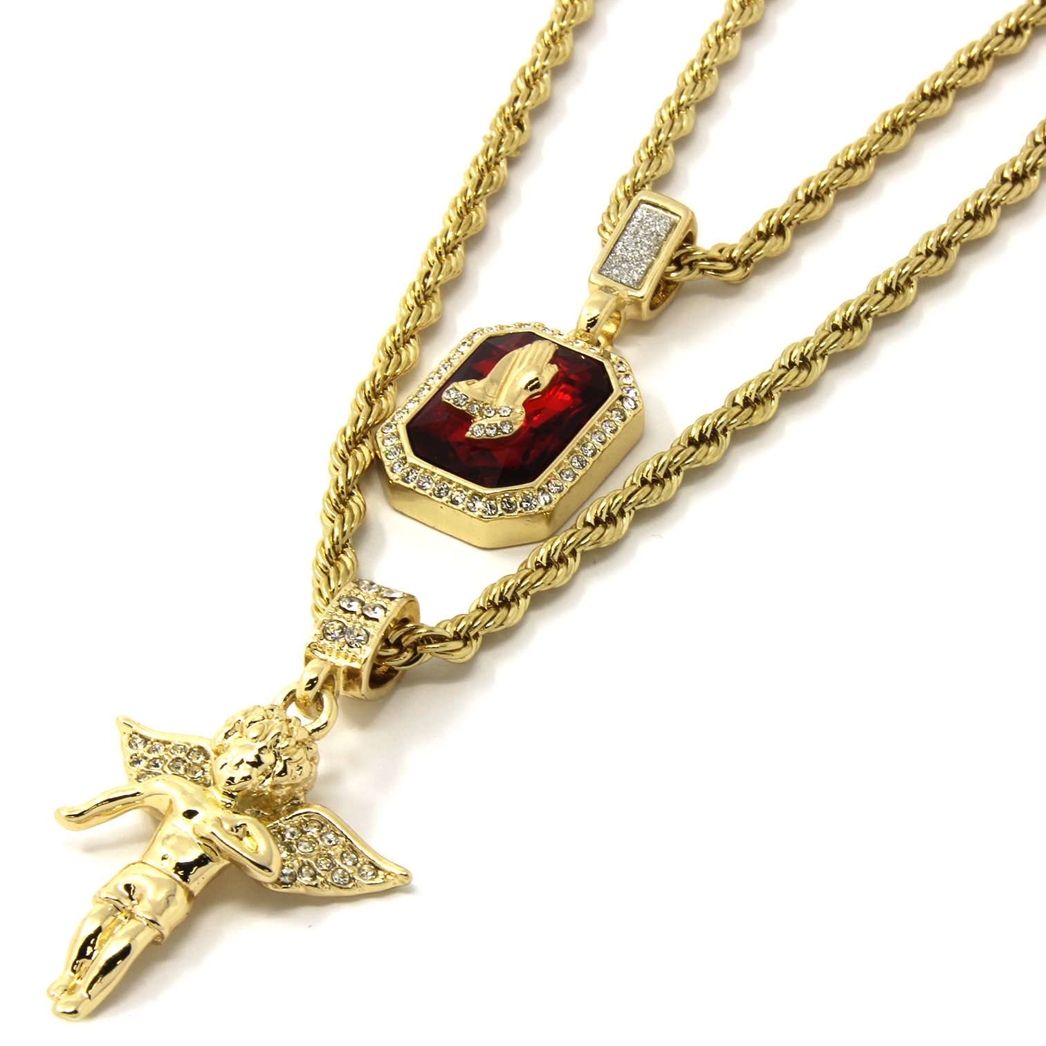 Jewel Town Mens Gold Angel & P Ruby Bundle Set Cz Pendant Hip Hop 24" & 30" Rope Chain D463, Brass