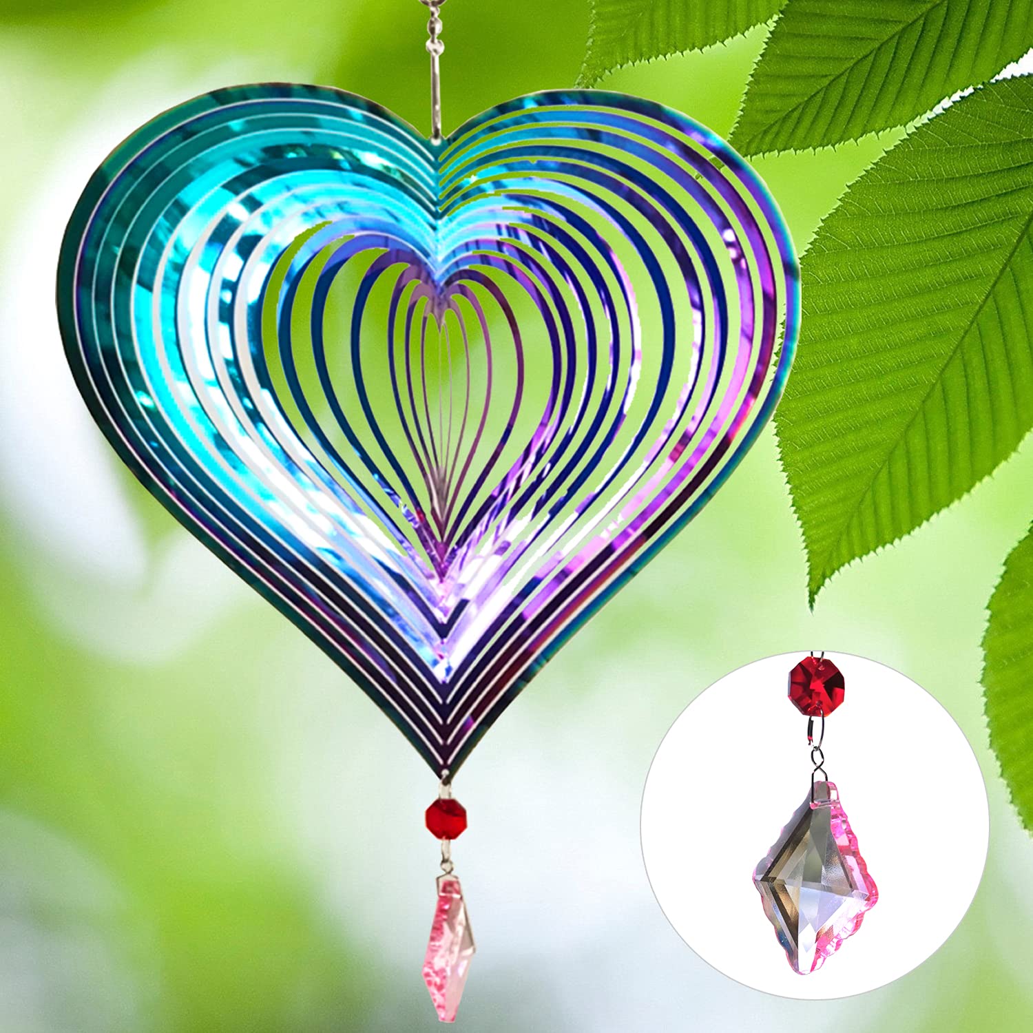 Wind Spinner Outdoor Metal 3D Wind Spinner Hanging Yard Garden Decor Gifts Stainless Steel Heart Pattern Spinners with 360° Rotating Hook