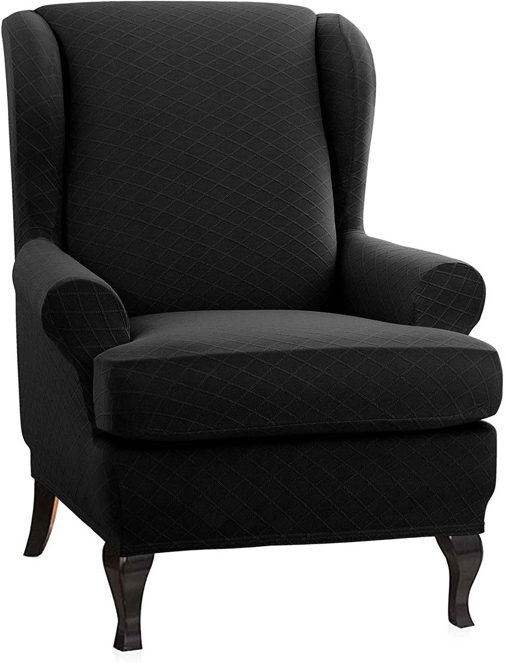 Rhombus Jacquard Wing Chair Cover Elastic Universal Stretch Soft Sofa Covers 2-Piece Wingback Armchair Covers with Removable Arms Slipcovers Furniture Protector (Black,Wing Chair)