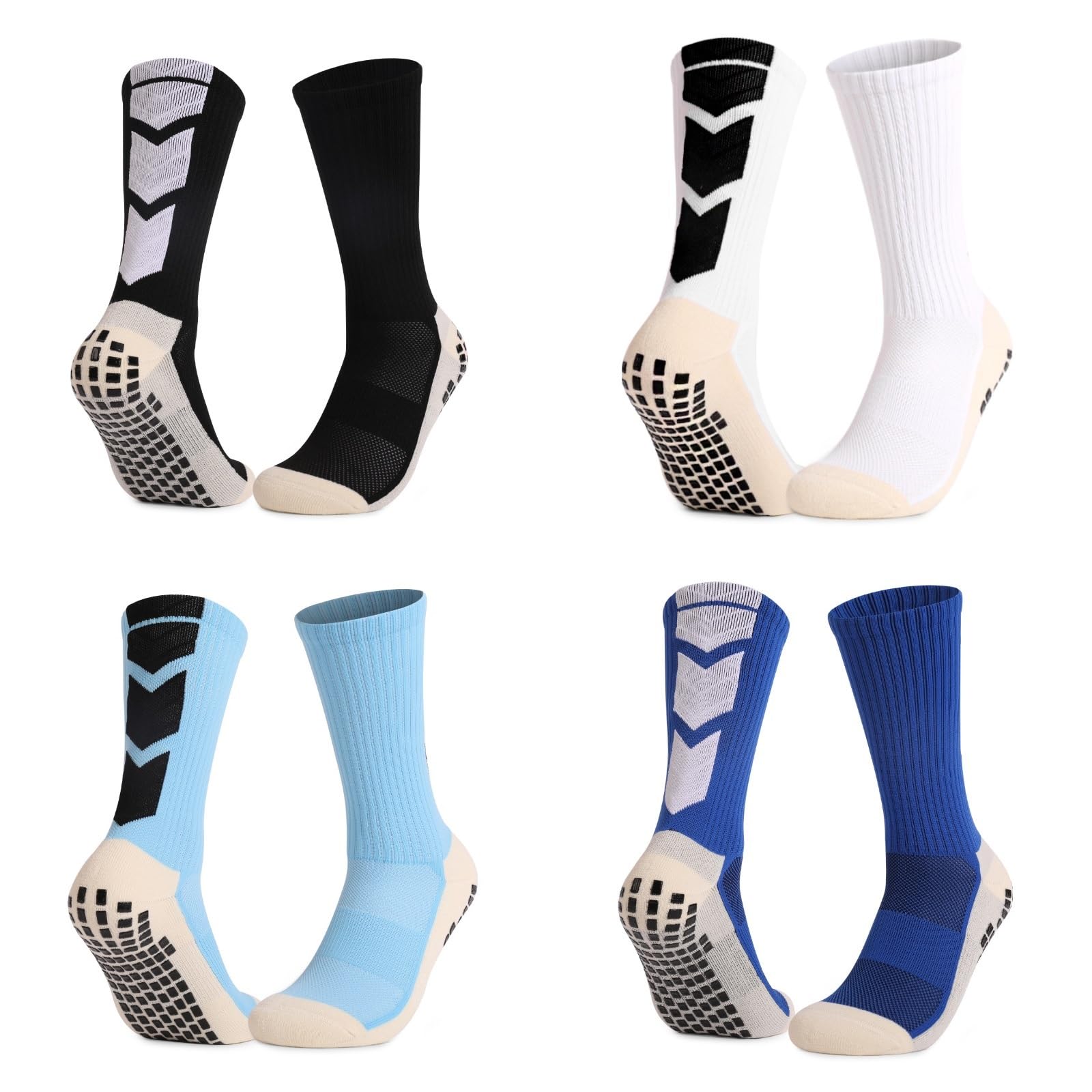 ASLIDECORAnti Slip Soccer Socks,Non Slip Grip Pads for Football Basketball Sports Grip Socks, 4 Pairs Training Sport Socks, Black, Blue, White, One Size