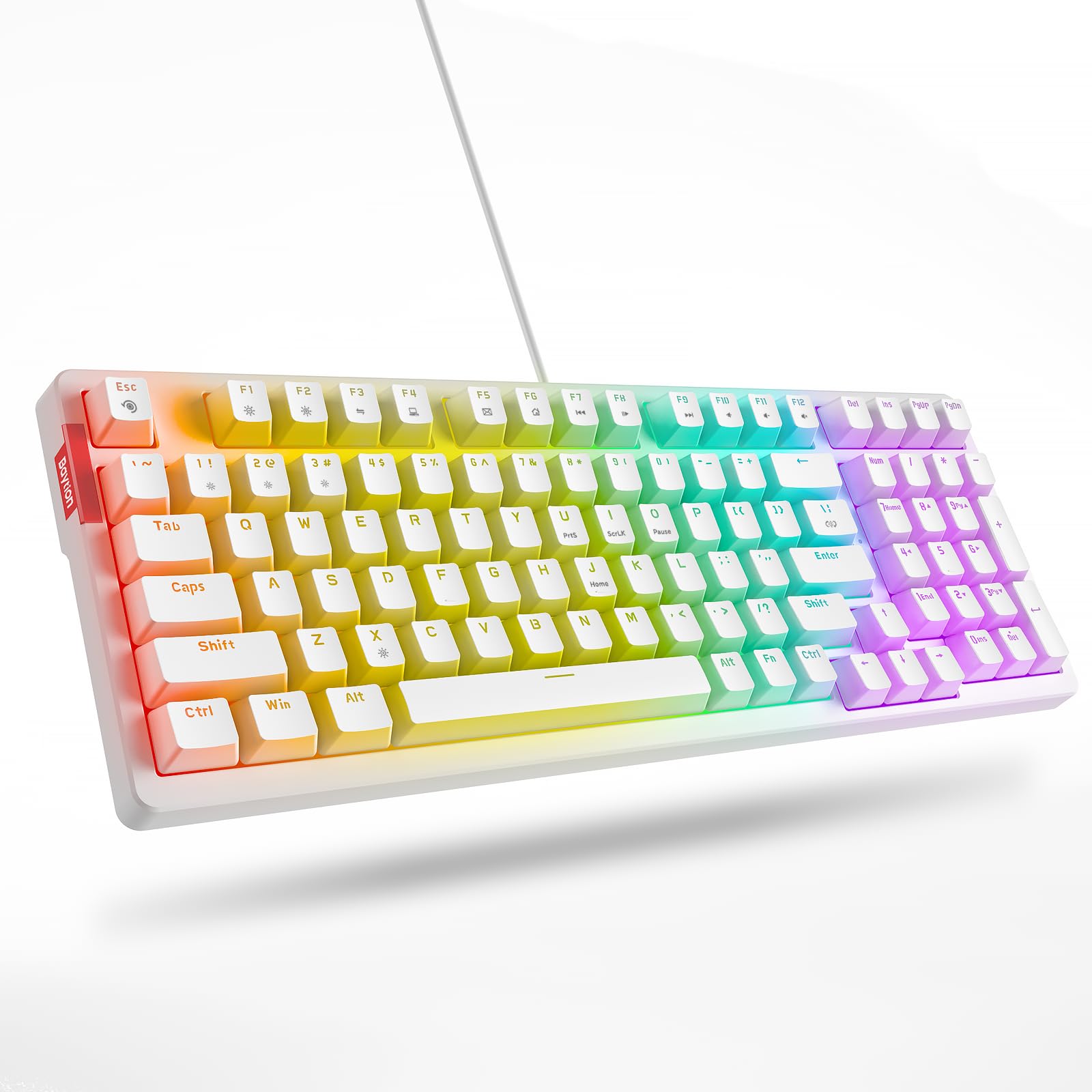 Baytion Mechanical Gaming Keyboard, 98 Keys Anti-Ghosting Wired Keyboard with Numeric Pad，Red Switches and RGB Backlit for iOS, Android and Windows, White [Detachable Cable] [ Adjustable Kickstand]