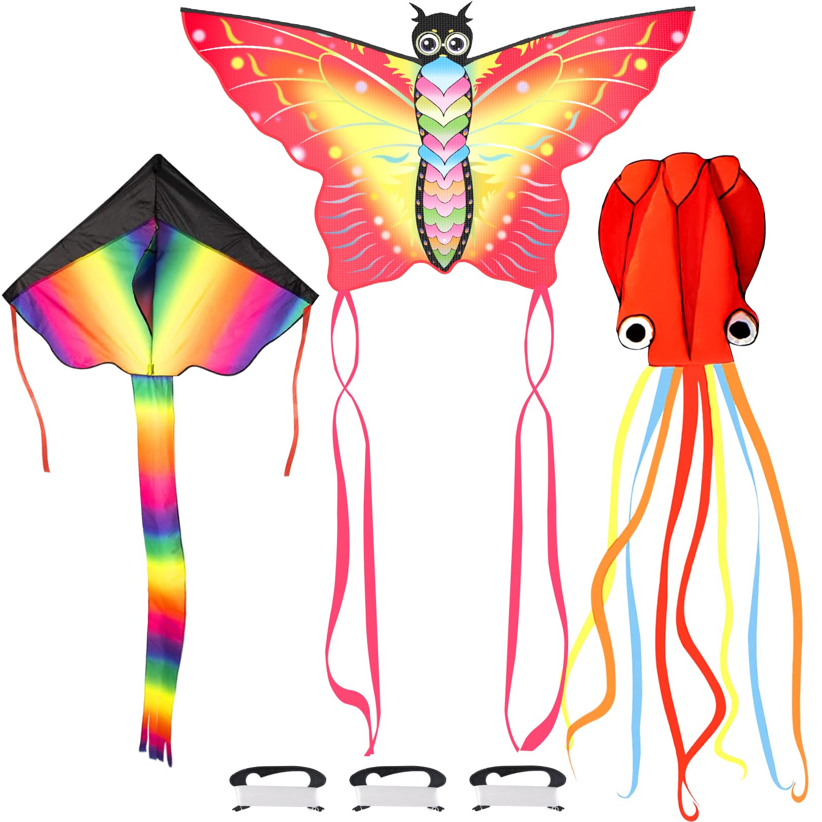 3 Pack Large Kites, Large Butterfly Kite, Colorful Delta Flying Kite and Red Octopus Wind Kite with Kite String for Girls Boys 3 Years and up