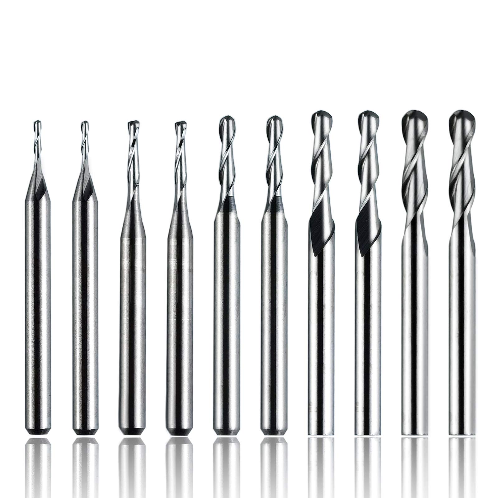 10pcs CNC Router Spiral Bits, 2 Flute Ball Nose Engraving, 1/8" Shank End Mill Milling Cutter| Diameter 1/1.5/2/2.5/3.175mm