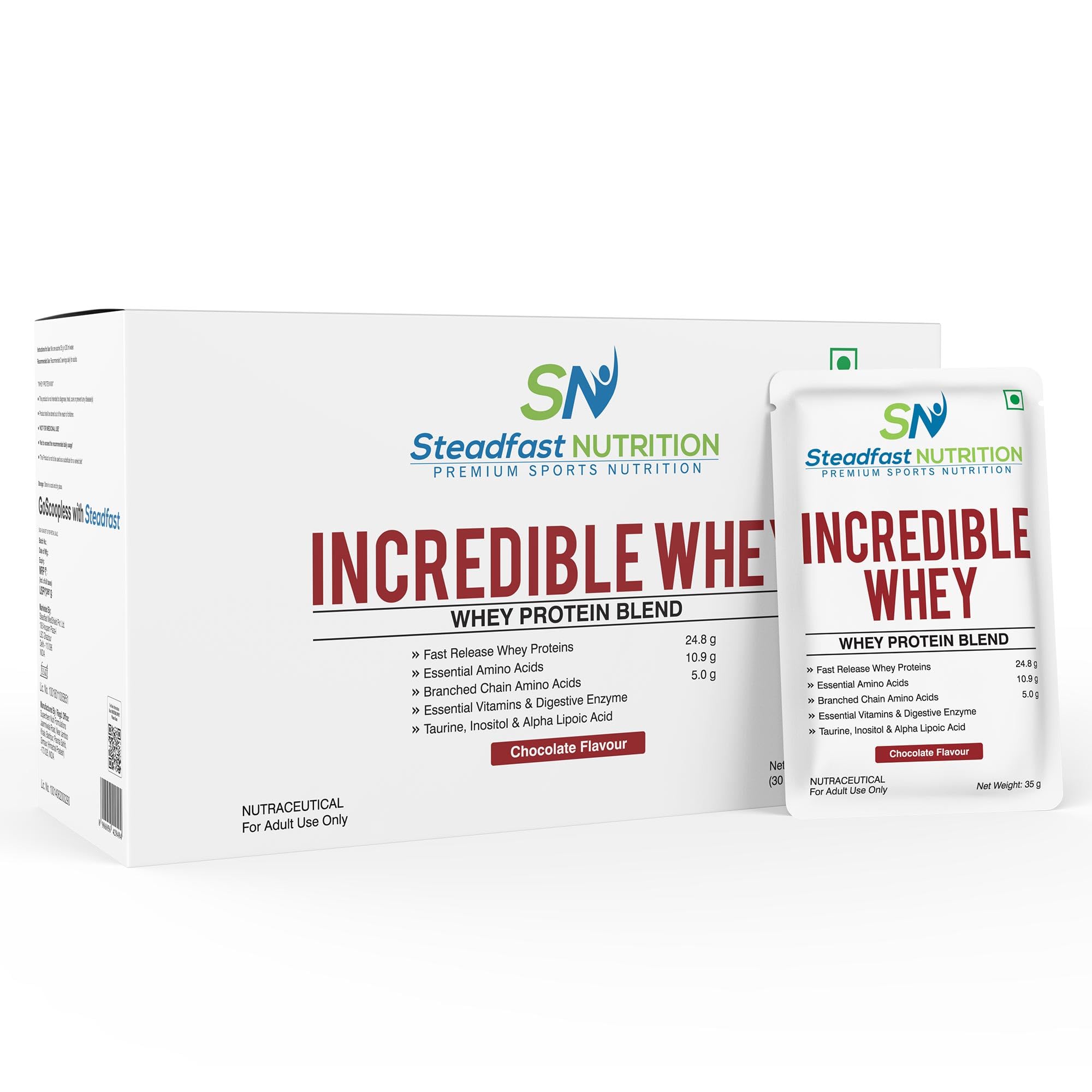 Steadfast Nutrition Incredible Whey Protein| Isolate and Concentrate Fast release Protein Powder 1kg | for Men and Women No added preservatives (Chocolate, Pack of 30 Sachets)