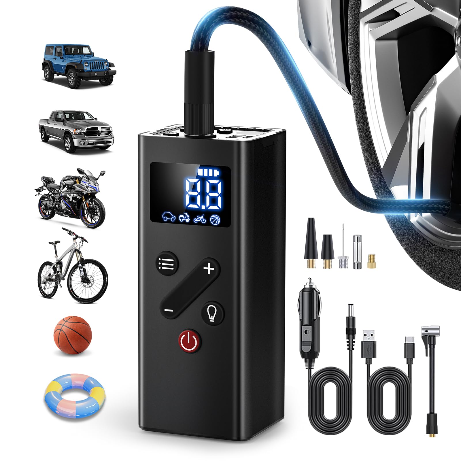 Tire Inflator Portable Air Compressor, 150PSI Cordless Air Pump for Car Tires, 4X Faster Bike Tire Pump with Pressure Detection, Air Pump for Car Tires for Car Motor Bike Ball (Black)