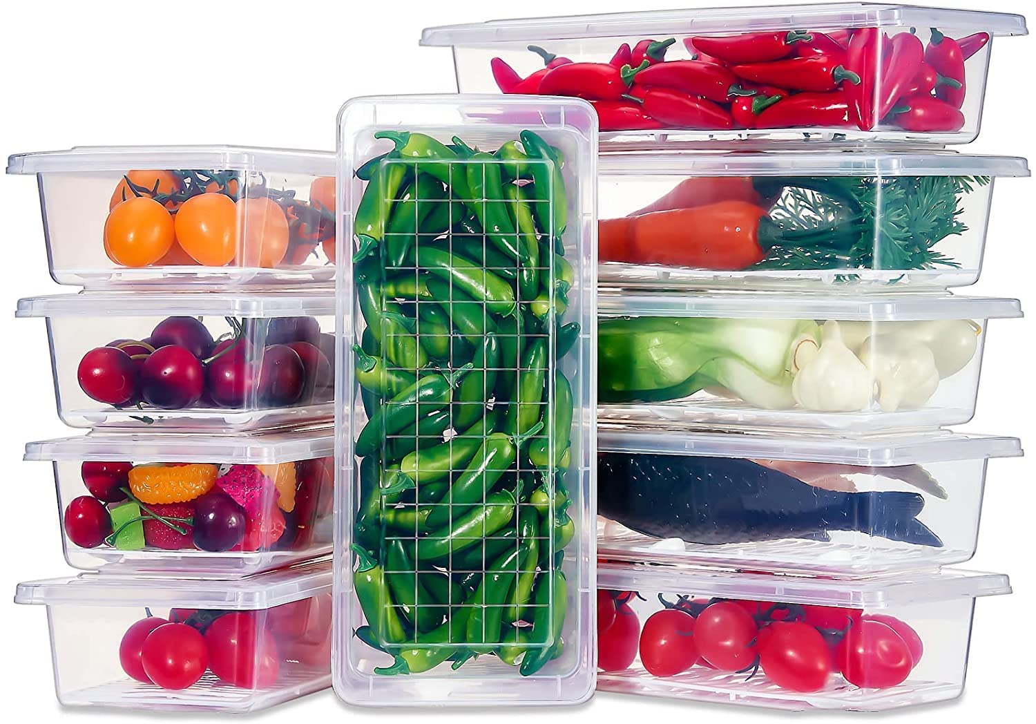 Zulay Kitchen Fridge Storage Boxes (Pack Of 6), Fridge Organizer With Removable Drain Plate Fridge Storage Containers Keeps Fruits, Vegetables, Meat, Fish, Plastic (1500Ml-6), Clear