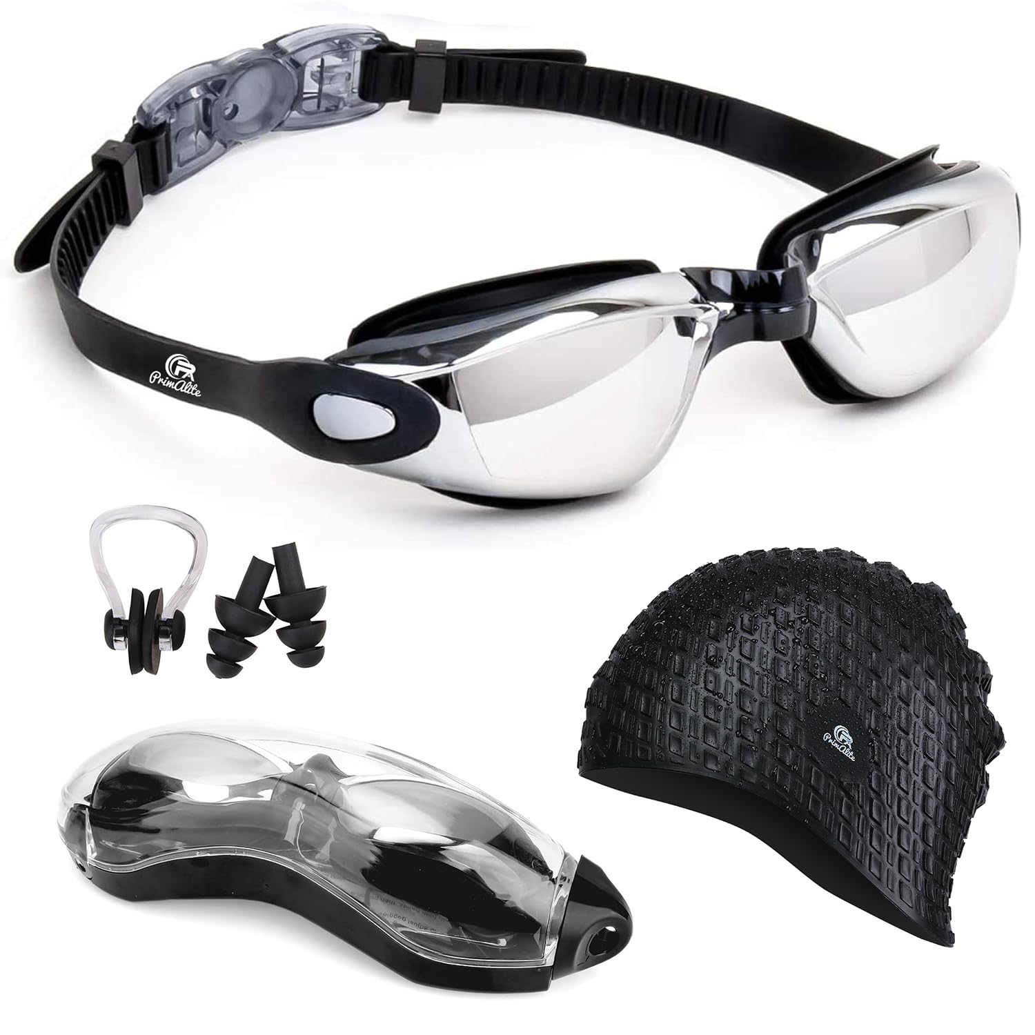 Primalite Swimming Kit- Swim Goggles and Swim Caps Combo Set, Nose Clip, Ear Plug & Case- Silicone Non-Slip Material on Glass & Cap, Anti-Fog, UV Protection, Long Hair- Adults Men Women- Silver-Black