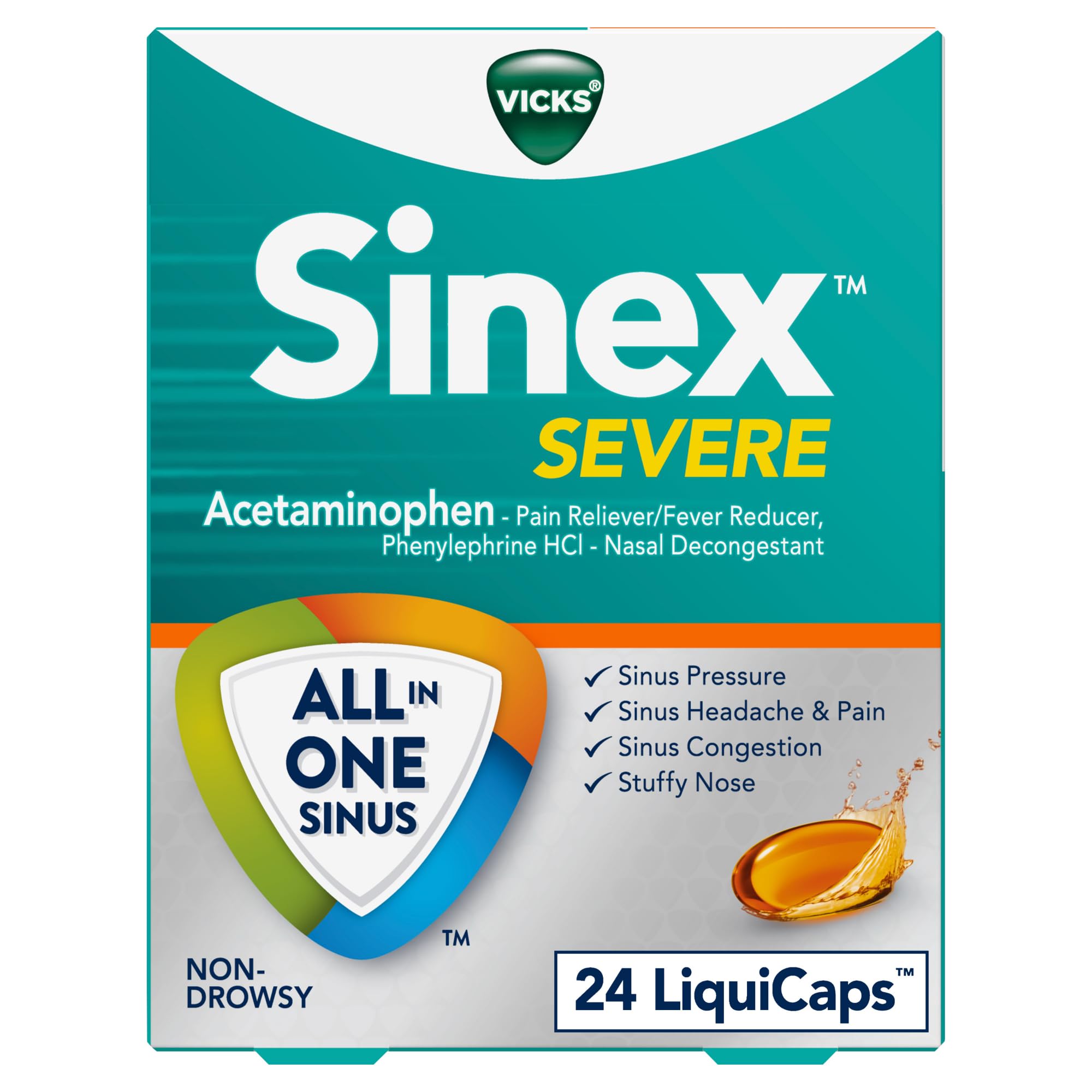 Vicks Sinex SEVERE LiquiCaps, All-In-One Sinus Relief, Non-Drowsy, Nasal Decongestant, Maximum Strength Relief of Sinus Headache, Pain, Pressure, & Congestion, 24 LiquiCaps