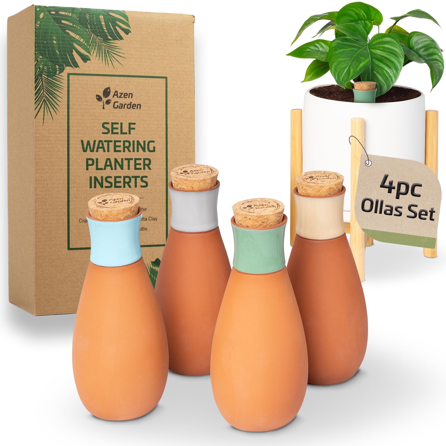 Ollas Plant Watering Globes - Terracotta Self Watering Planter Insert - Watering Bulbs for Outdoor and Indoor Plants with Easy Top Refill System - Set of 4