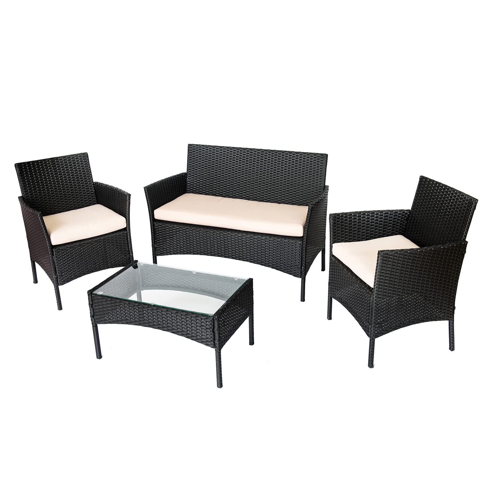 Straame 4PC Rattan Garden Furniture Set with Table, Double Seated Sofa and 2 Cushion Chairs, Outdoors Rattan Set, Weather Resistant, Comfortable Stylish Pool Side, Patio Lounger Set (Black)