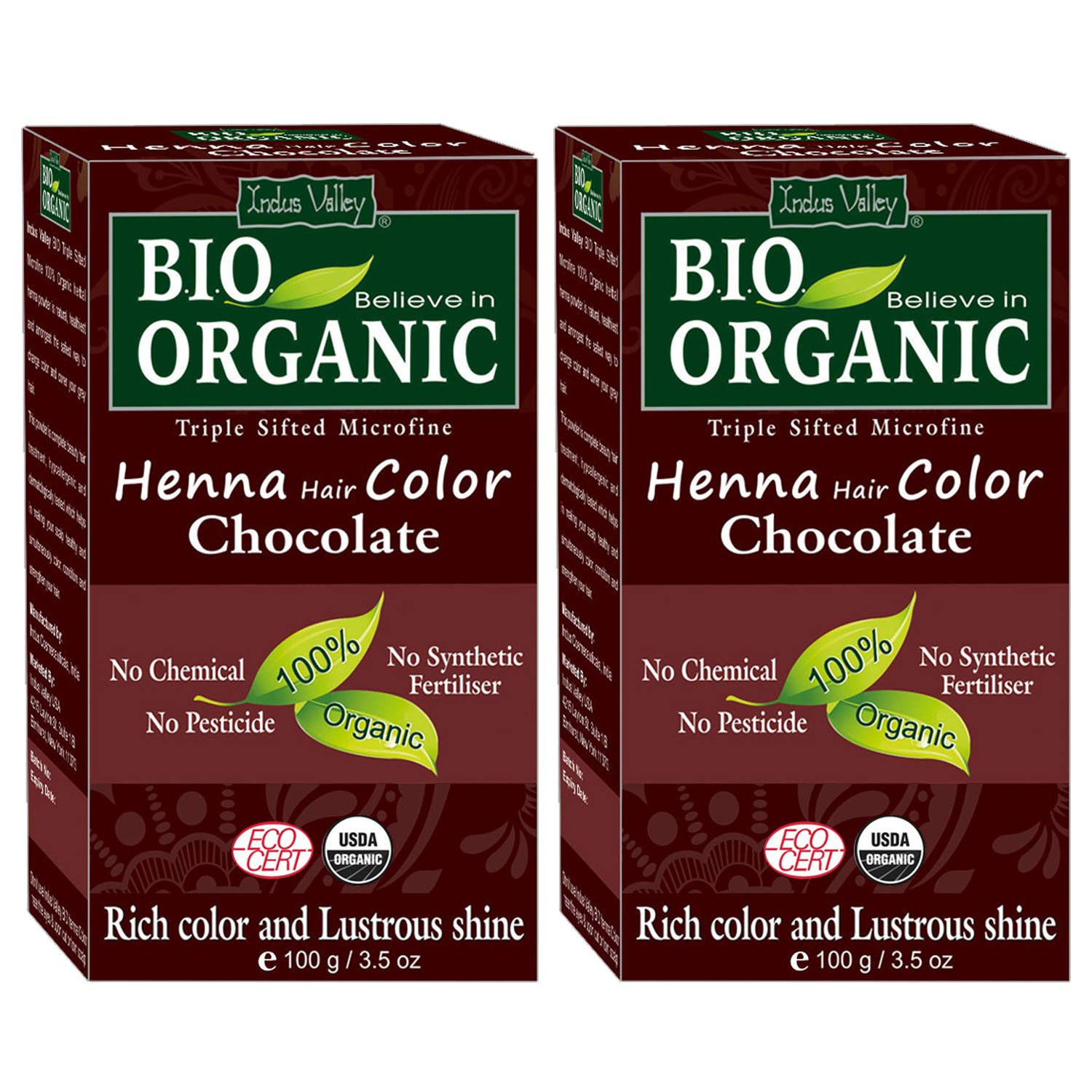 Indus Valley Bio Organic Natural Henna Hair Color (Chocolate 100gm Pack of 2) 100% Gray Hair Coverage And Long Lasting Hair Dye | Vegan and Cruelty-Free