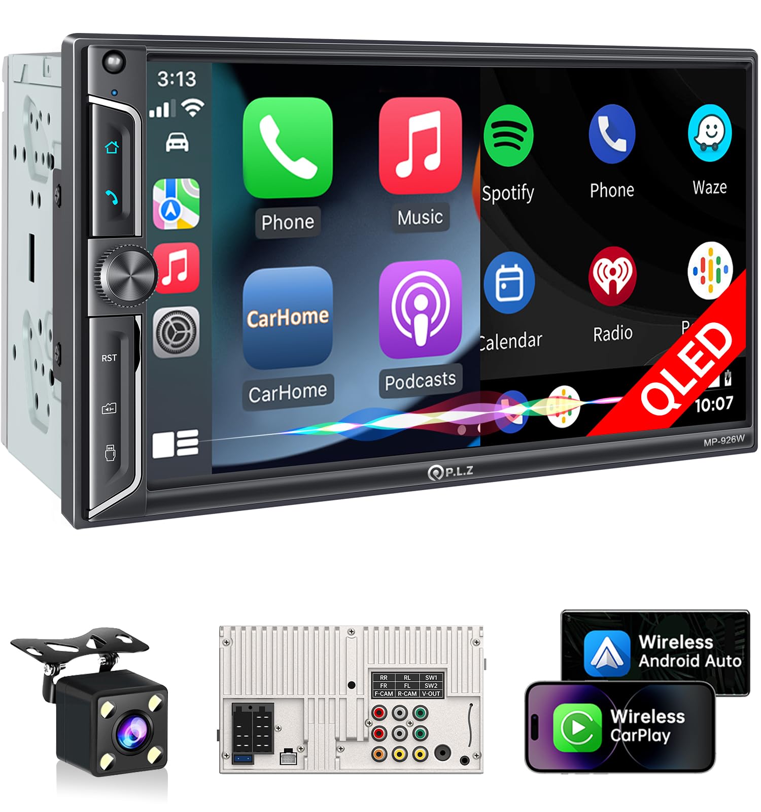 PLZ 7" Wireless Double Din Car Stereo Apple Car Play Radio Carplay Android Auto QLED Touch Screen, Bluetooth 5.3 Audio Receivers, 1080P Backup Camera, 4.2 Channel Outputs 240W, 2 Subwoofer, FM/AM, SWC