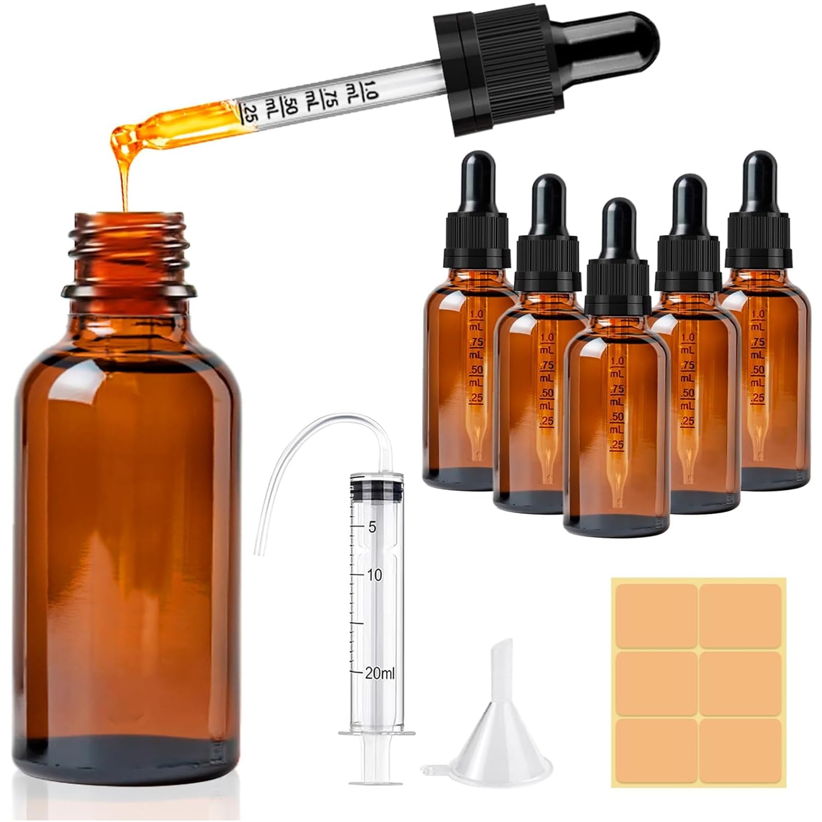 CoKeeSun 30ml Glass Dropper Bottle, 5 Pcs Brown Dropper Bottles with Pipettes, Reusable Amber Glass Bottle Set with Funnel Needle Syringe Catheter Stickers for Hair Oil perfumes Cosmetics Storage