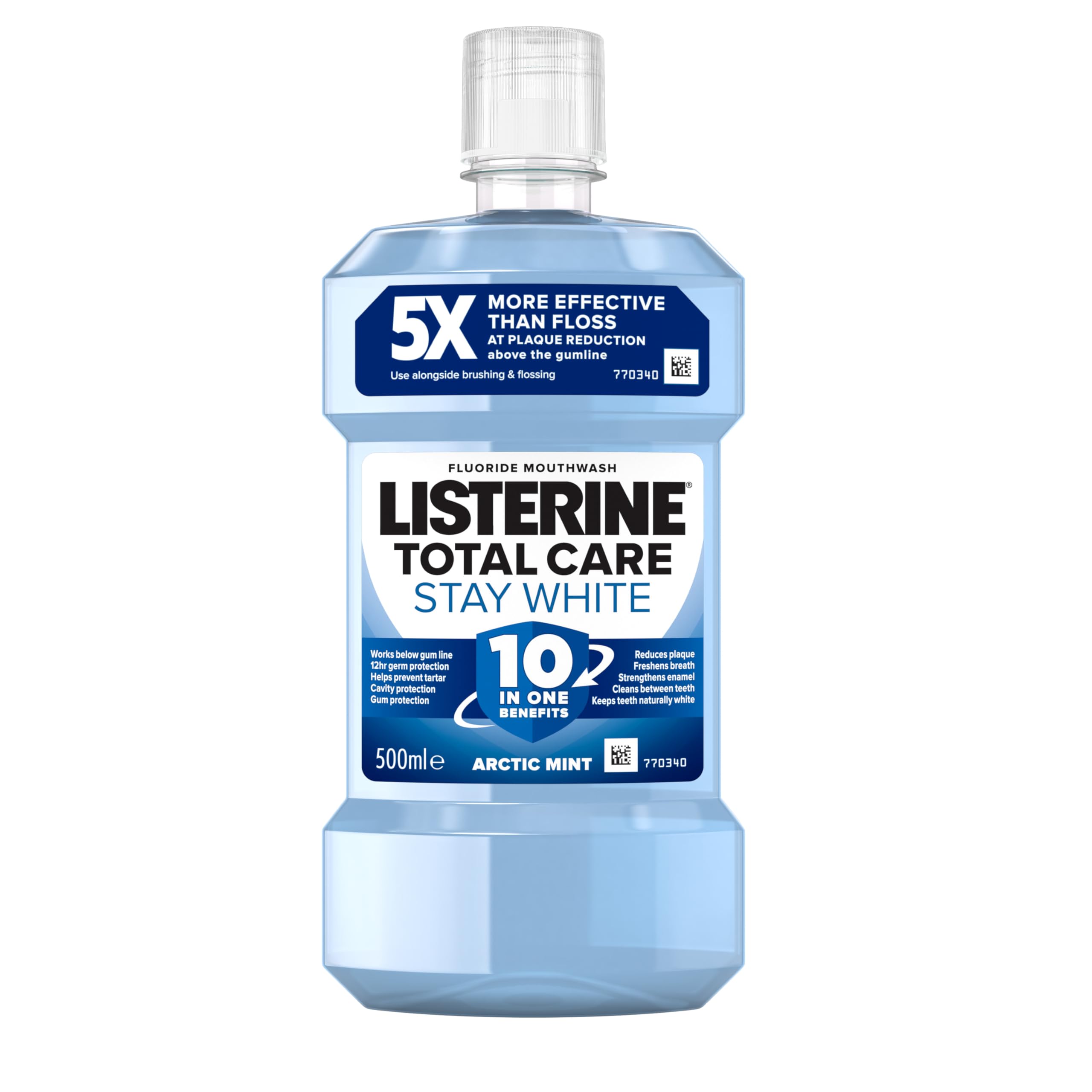 Listerine Total Care Stay White Mouthwash (500ml), 10-in-1 Benefit Mouthwash for Total Oral Care, Gum Mouthwash to Maintain a Clean and Healthy Mouth and Naturally White Teeth