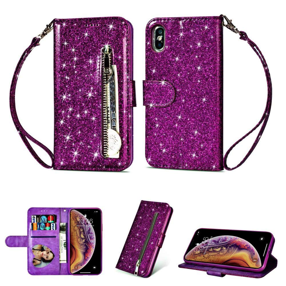 LLZ.COQUE for iPhone 12 Pro Max Case Wallet Leather Case Glitter Flip Phone Case for Women Kickstand Magnetic Closure Folio Case Cover for iPhone 12 Pro Max, Purple