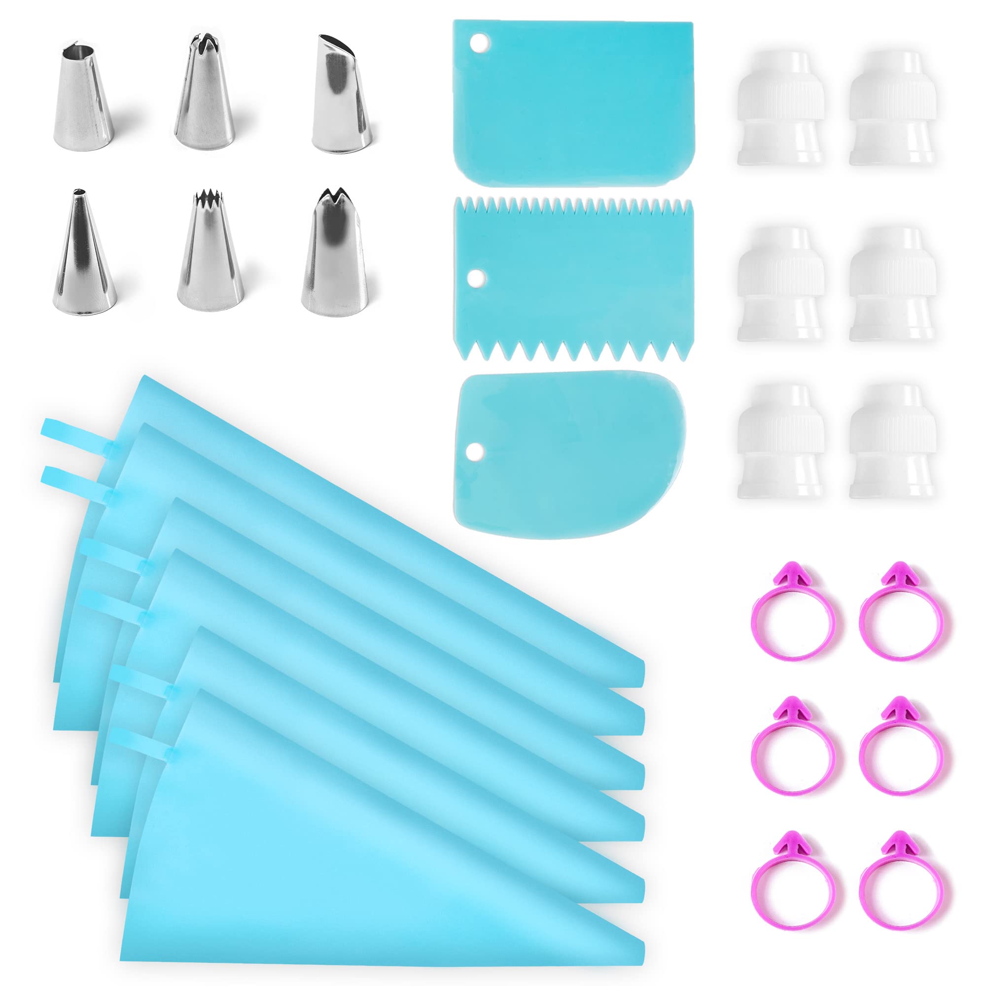 Riccle Reusable Piping Bags and Tips Set - Strong Silicone Icing Bags with Tips - 27 Pcs Cake Decorating Kit of 6 Pastry Bags 12, 14 & 16 Inch - 6 Couplers, 6 Frosting Tips, 6 Bag Ties, 3 Cake Scraper