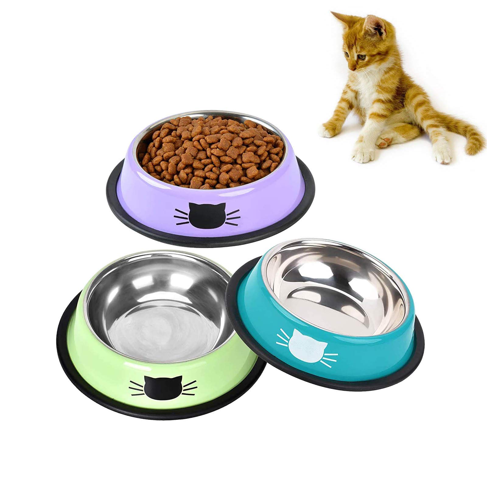 SUOXU Cat Bowls, Stainless Steel Colorful Cat Food Bowl, Non-Slip Pet Water Bowl, Puppies Feeding Bowl, Set of 3 Metal Cat Bowl with Silent Pet Feeding(Blue/Purple/Green)