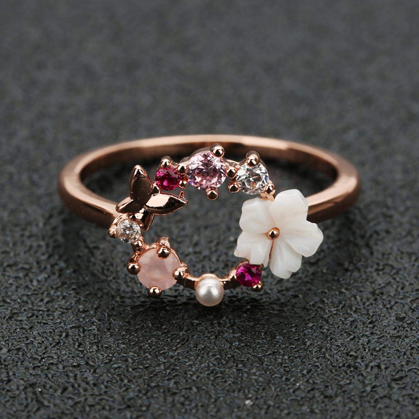 SONGK Fashion Creative Butterfly Flowers Crystal Finger Wedding Rings for Women Rose Gold Zircon Glamour Ring Jewelry Girl Gift