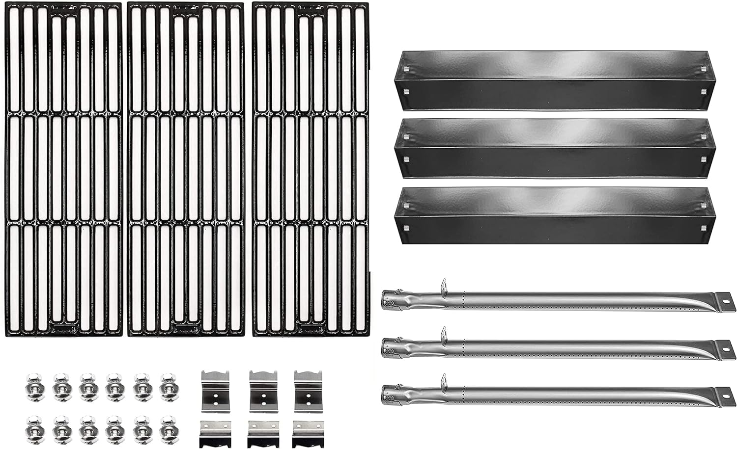 HongsoGrill Parts for Chargriller 5050, 3001, 3008, 3030, 4000, 2121, King Griller 3008, 5252, Cast Iron Grill Grates Heat Plates Burners and Hanger Brackets Included, Repair Kit