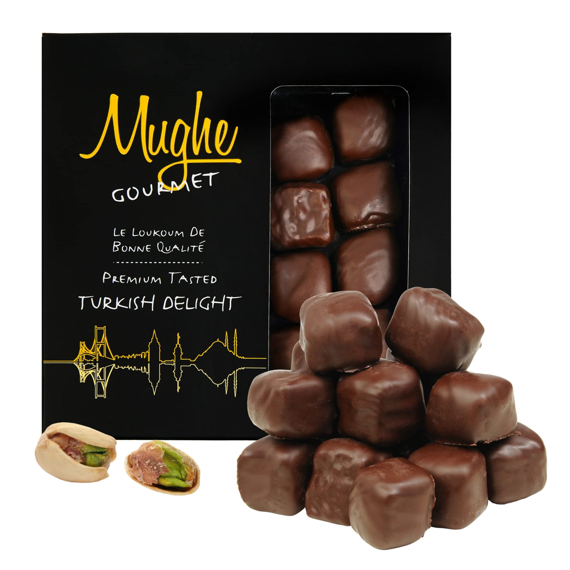 Mughe Gourmet Chocolate Turkish Delight Pistachio Gift Box - Luxury Candy Gifts Turkish Delights Covered in Chocolate with Pistachios - 300g/10.6oz - Perfect for Birthday, Fathers Day and more