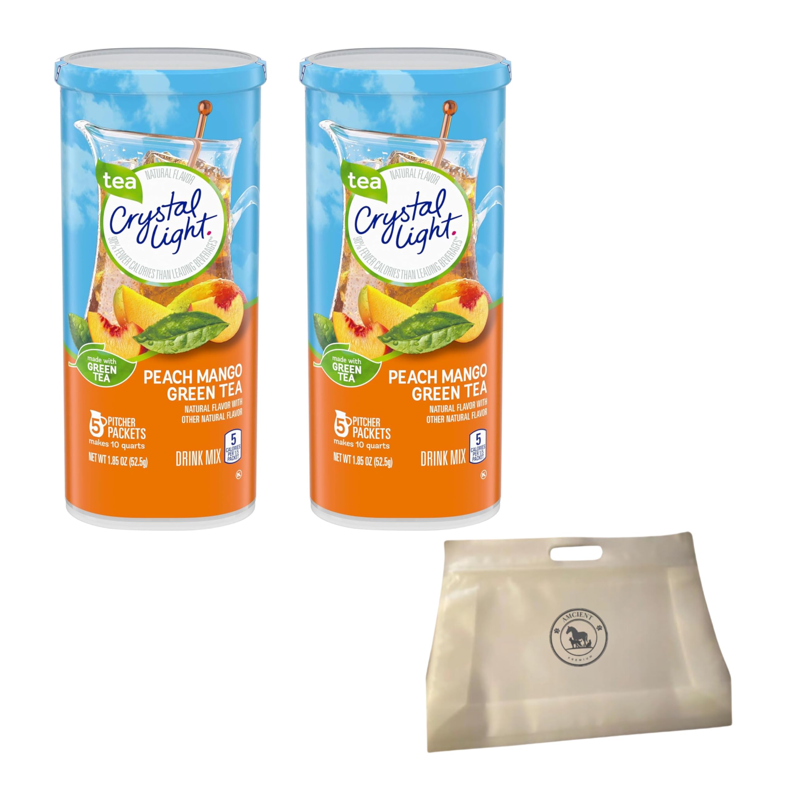 Crystal Light Peach Mango Green Tea Sugar-free Pitcher Packets 2 x 5 Count Bundle With Reusable Snack Pouch By AMCIENT