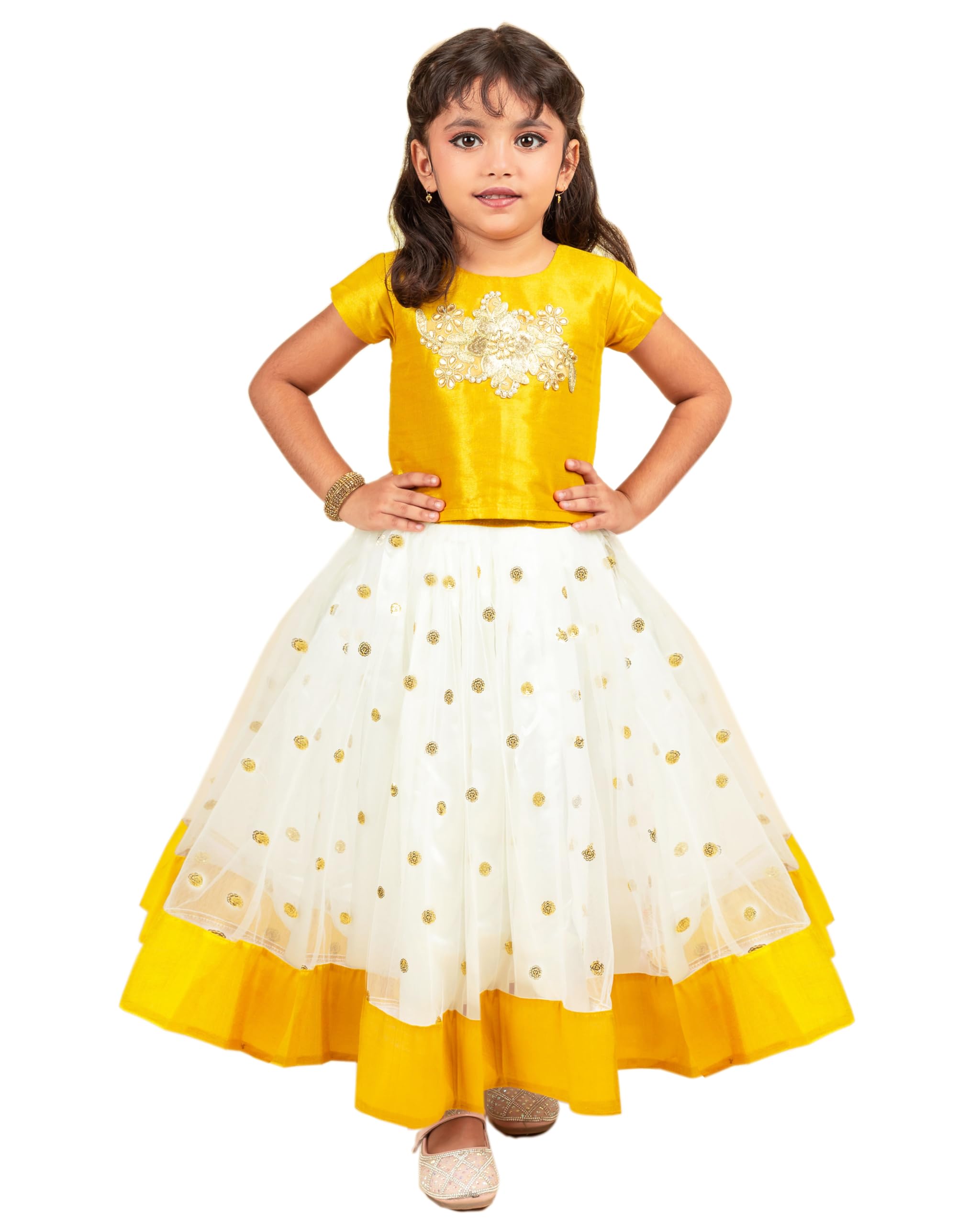 Stanwells Kids Girls Lehnga Choli Ruffle Pattern Dress Half Sleeves Readymade Hand Sequins Embroidery Ethnic Traditional Full Length South Indian Girl Lehnga Choli