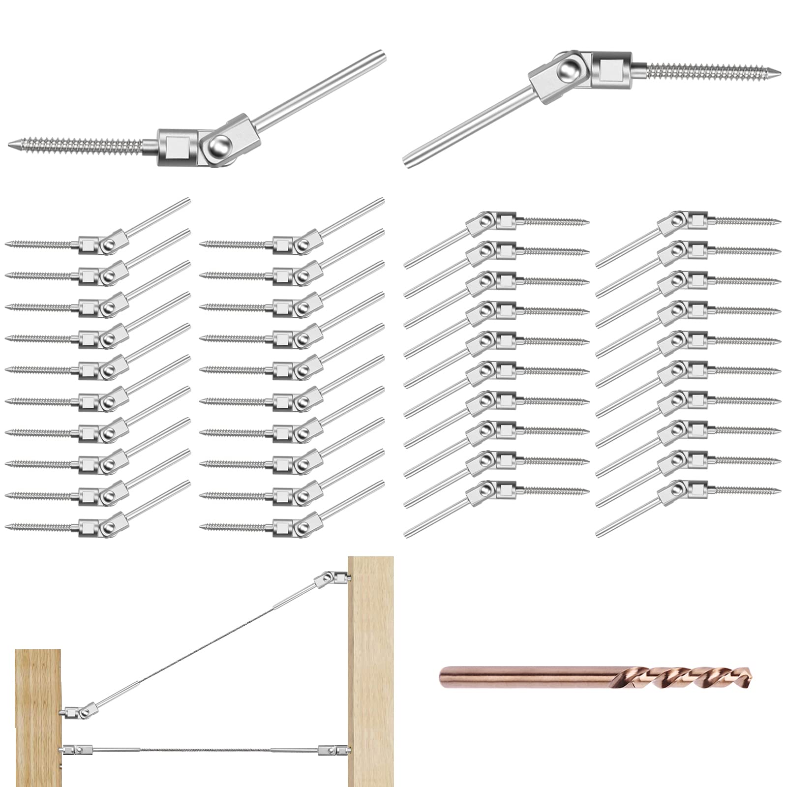 [Patent Design]CKE Upgraded 40 Pack T316 Stainless Steel 180° Adjustable Angle Swage Lag Screws Left & Right for 1/8" Wire Rope Cable Railing Kit Hardware for Wood Post, Marine Grade