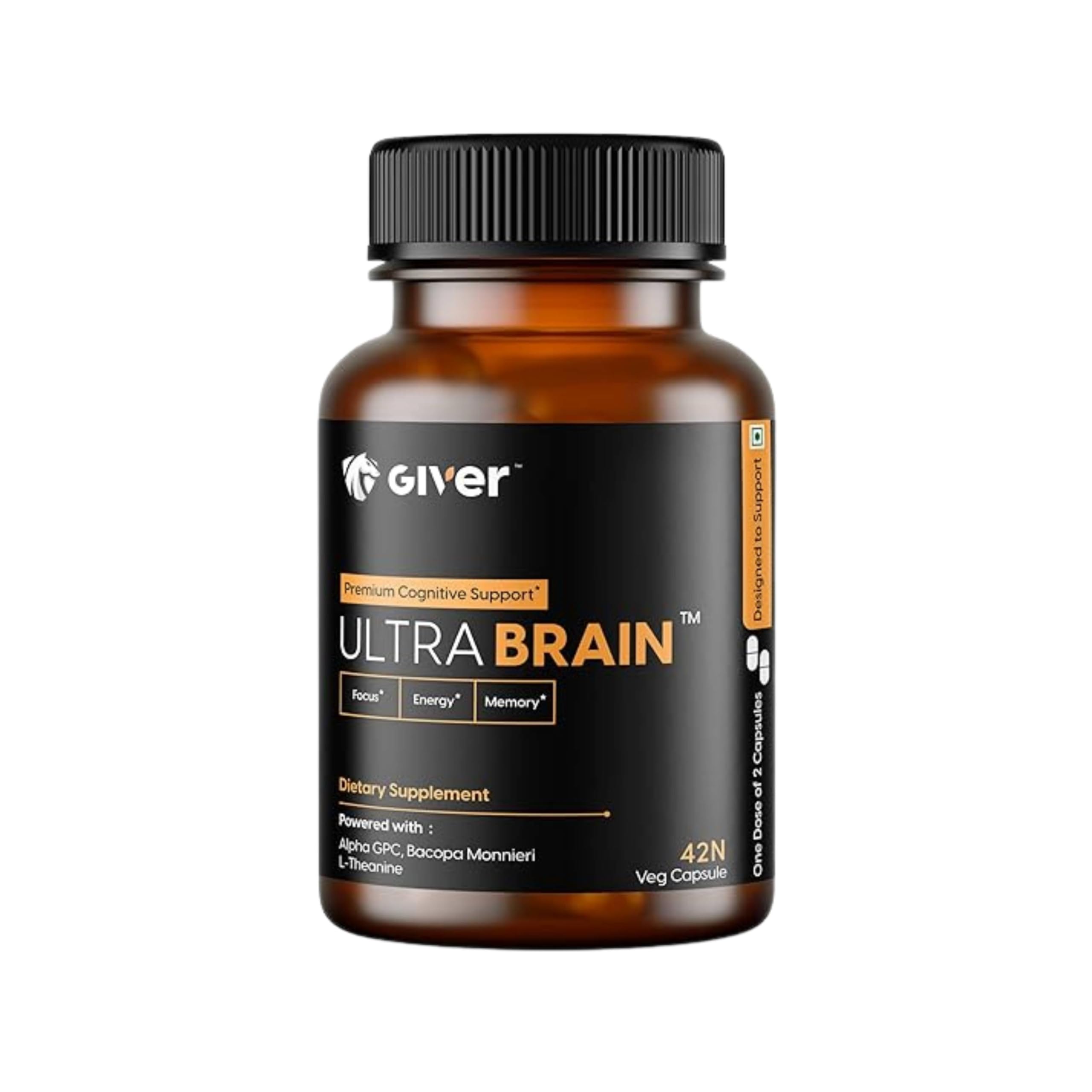 Giver Nutrition Ultra Brain Nootropic Brain Supplement - Alpha GPC, Bacopa Monnieri, L-Theanine, Phosphatidylserine - Pack of 42 Veg Capsules