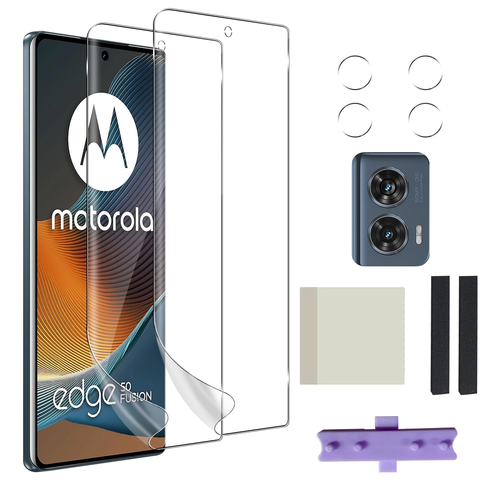 PkilaScreen Protector for Motorola Moto Edge 50 Fusion, 2 Pcs Flexible TPU Film & 2 Pcs Tempered Glass Camera Lens Protector with Installation Accessory Kits [Fingerprint Support,HD Clear]