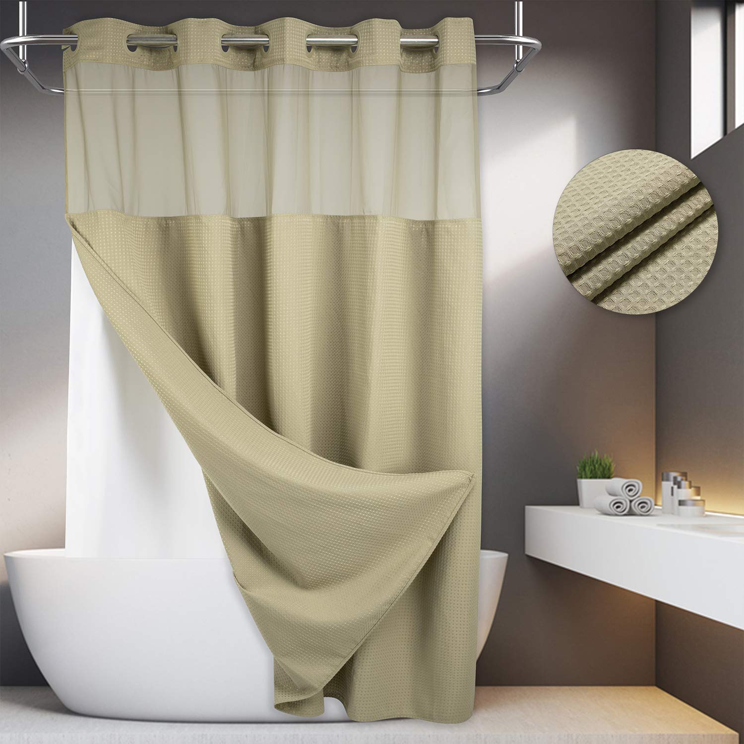 No Hooks Required Waffle Weave Shower Curtain with Snap in Liner - 71W x 74H,Hotel Grade,Spa Like Bath Curtain,Linen