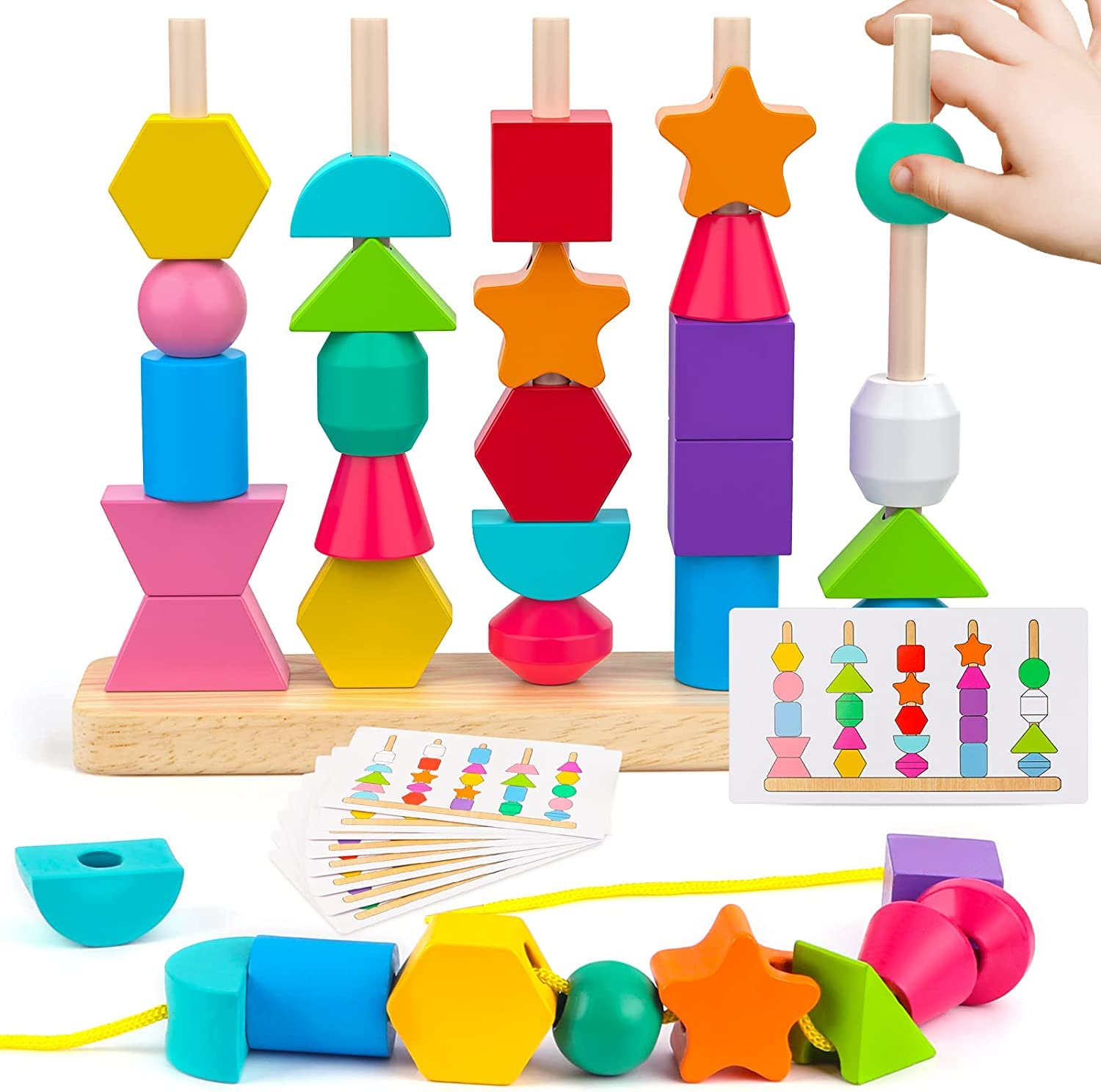 AM ANNAWooden Beads Sequencing Toy Set, Lacing Beads & Matching Shape,Montessori Toys for 2 3 4 5 Year Old STEM Preschool Education Toys Gifts for Kids Boy Girl