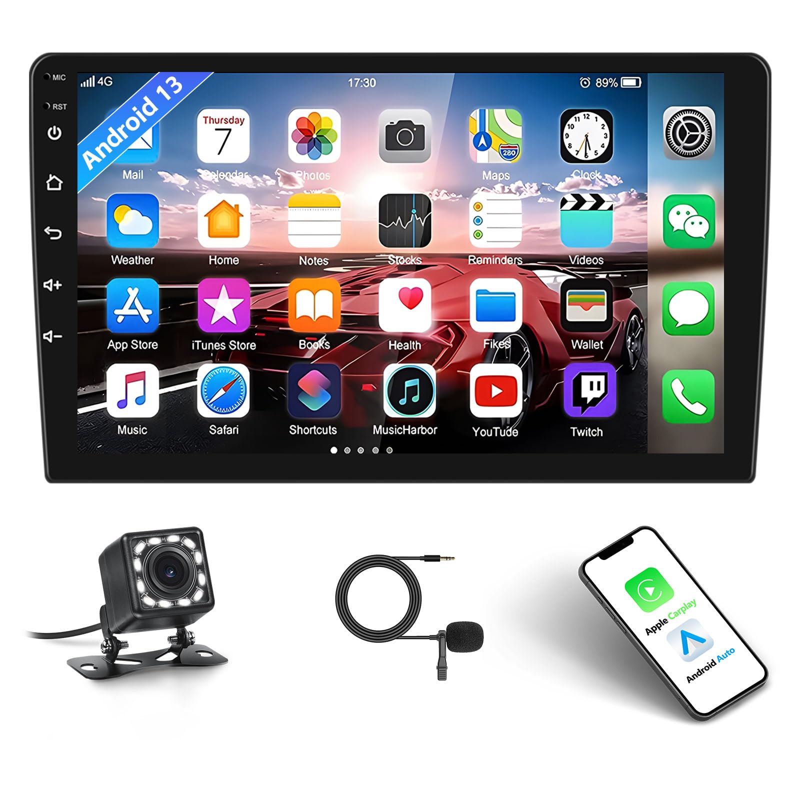 AMprime Android Double Din Car Stereo with Apple Carplay 10.1'' Touchscreen Car Radio Support Bluetooth, WiFi, GPS, FM, SWC + Rear Camera & External Microphone